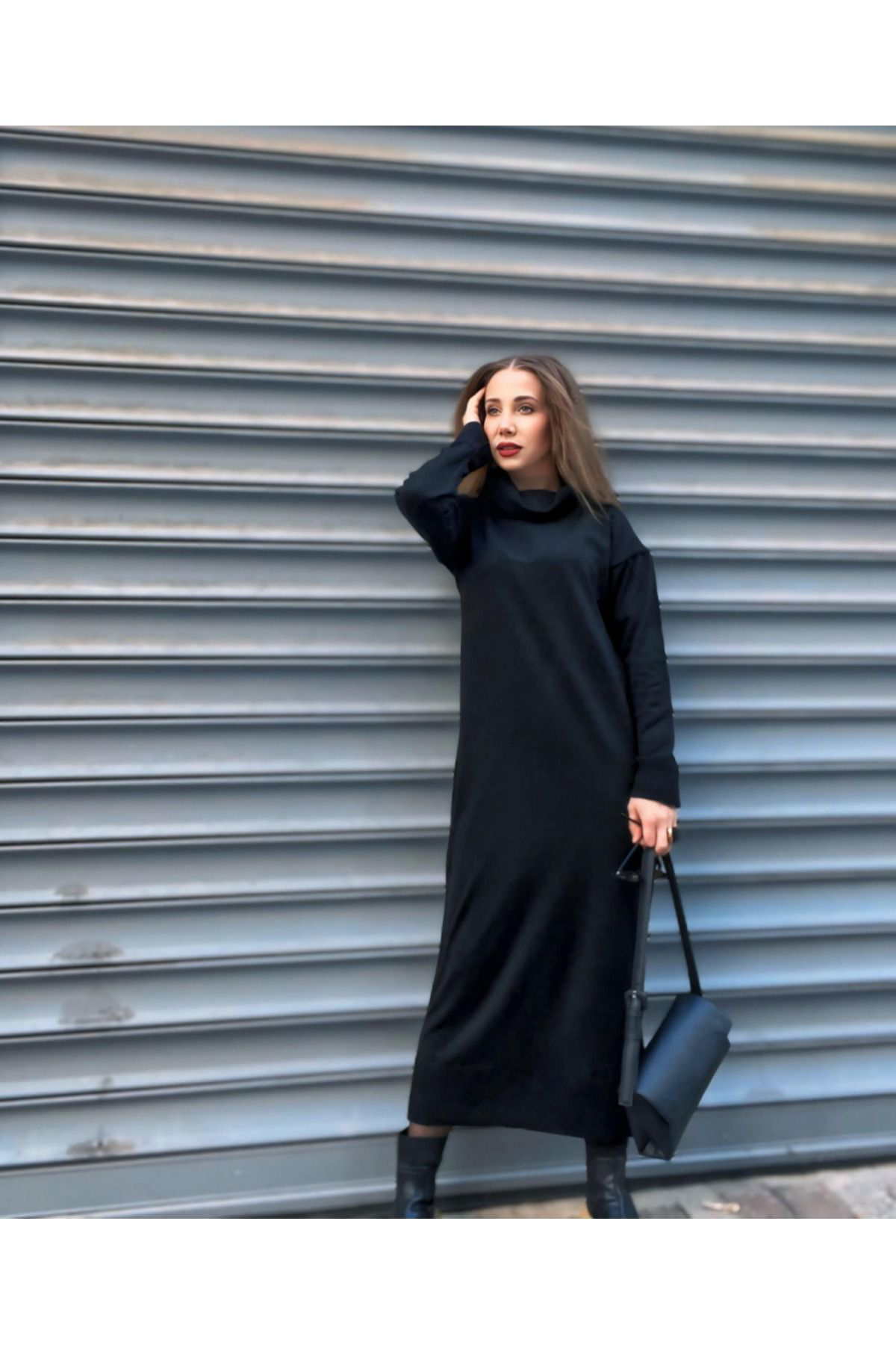 Kadın Uzun Kollu Boğazlı Midi Boy Triko Elbise (kemersiz)