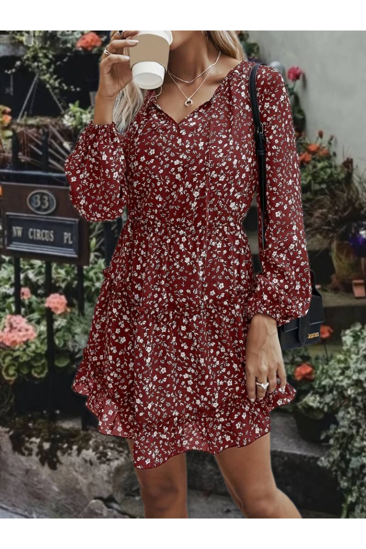 Kadın Uzun Kollu V Yaka Bağcıklı Belden Gipeli çiçek Baskılı Kısa