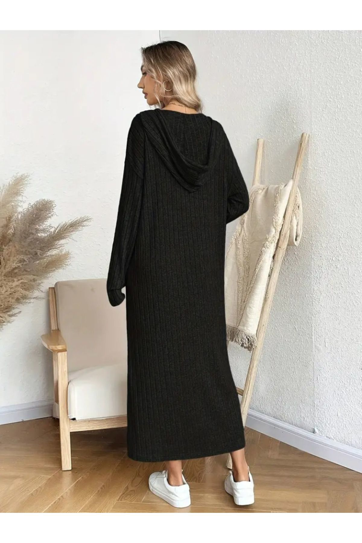 Moda Kadin Uzun Kollu Kapşonlu Bağcikli Şardonlu Kaşkorse Uzun Elbise