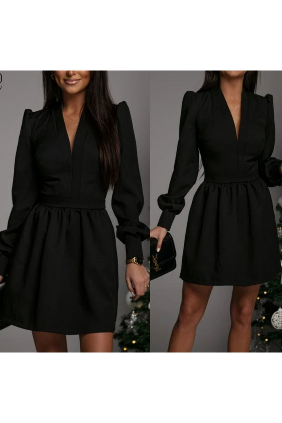 Kadın Uzun Kollu V Yaka Belden Hafif Pileli Scuba Krep Mini Boy E