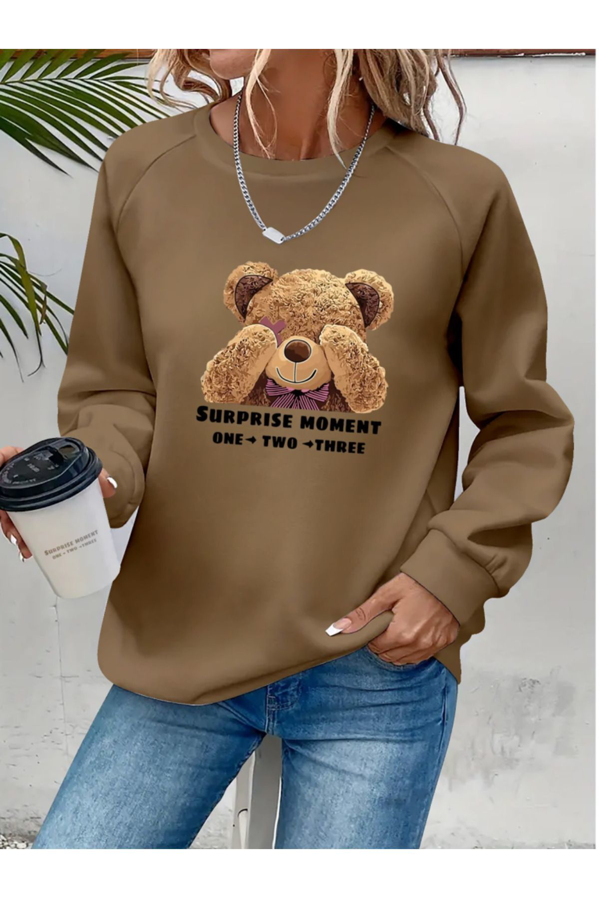 Kadın Uzun Kollu Bisiklet Yaka Ayıcık Desenli Viskon Iki Iplik Bl