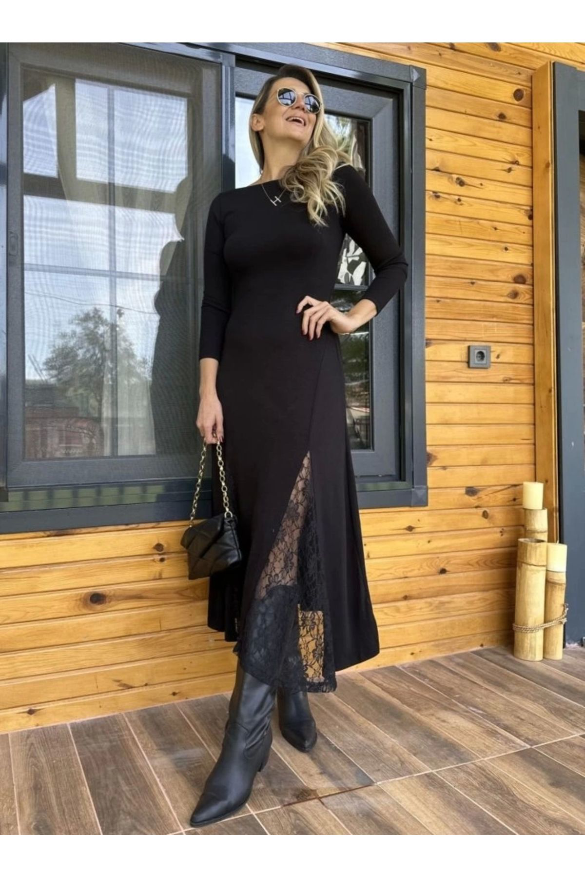 Kadın Uzun Kollu Bisiklet Yaka Sırt Dekolteli Dantel Yırtmaçlı Uz