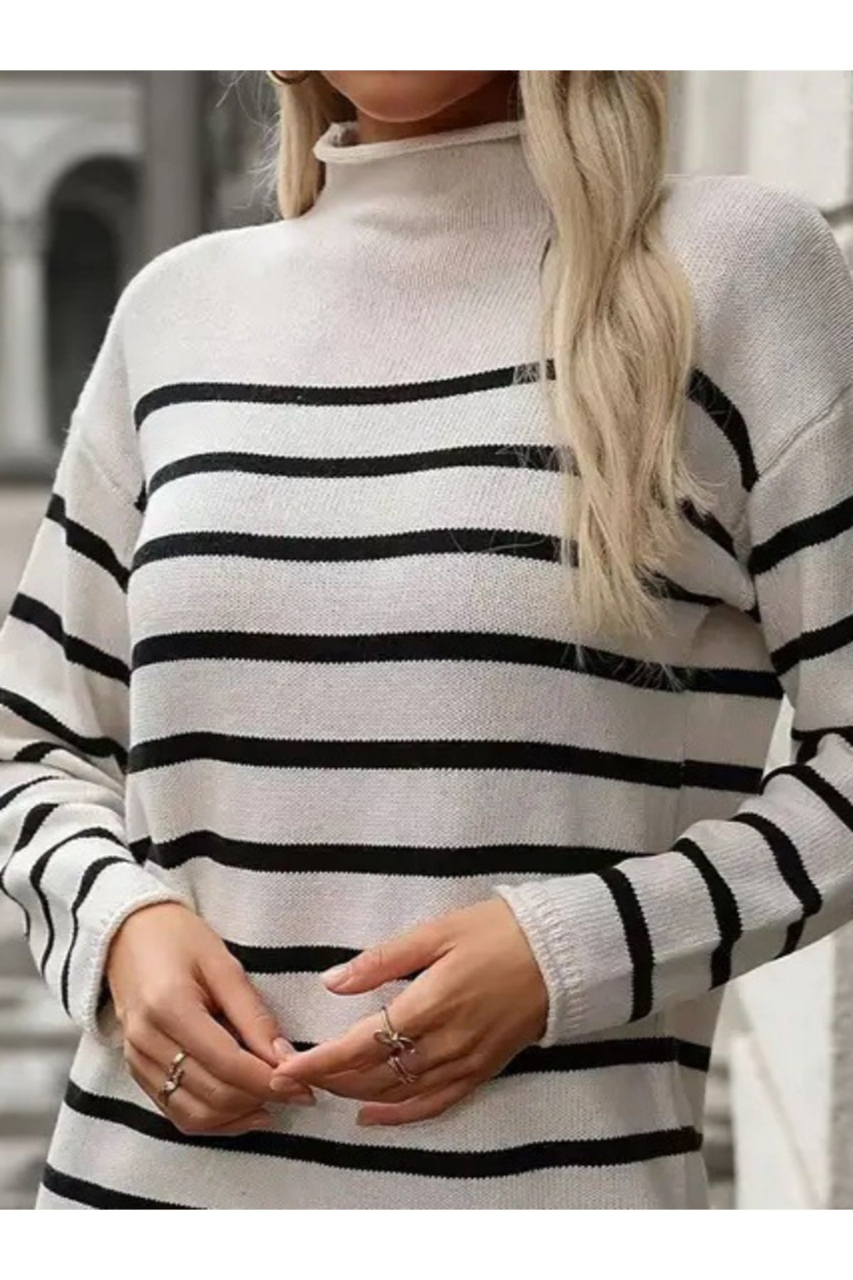 Kadın Uzun Kollu Yarım Balıkçı Yaka çizgilitriko Mini Boy Elbise