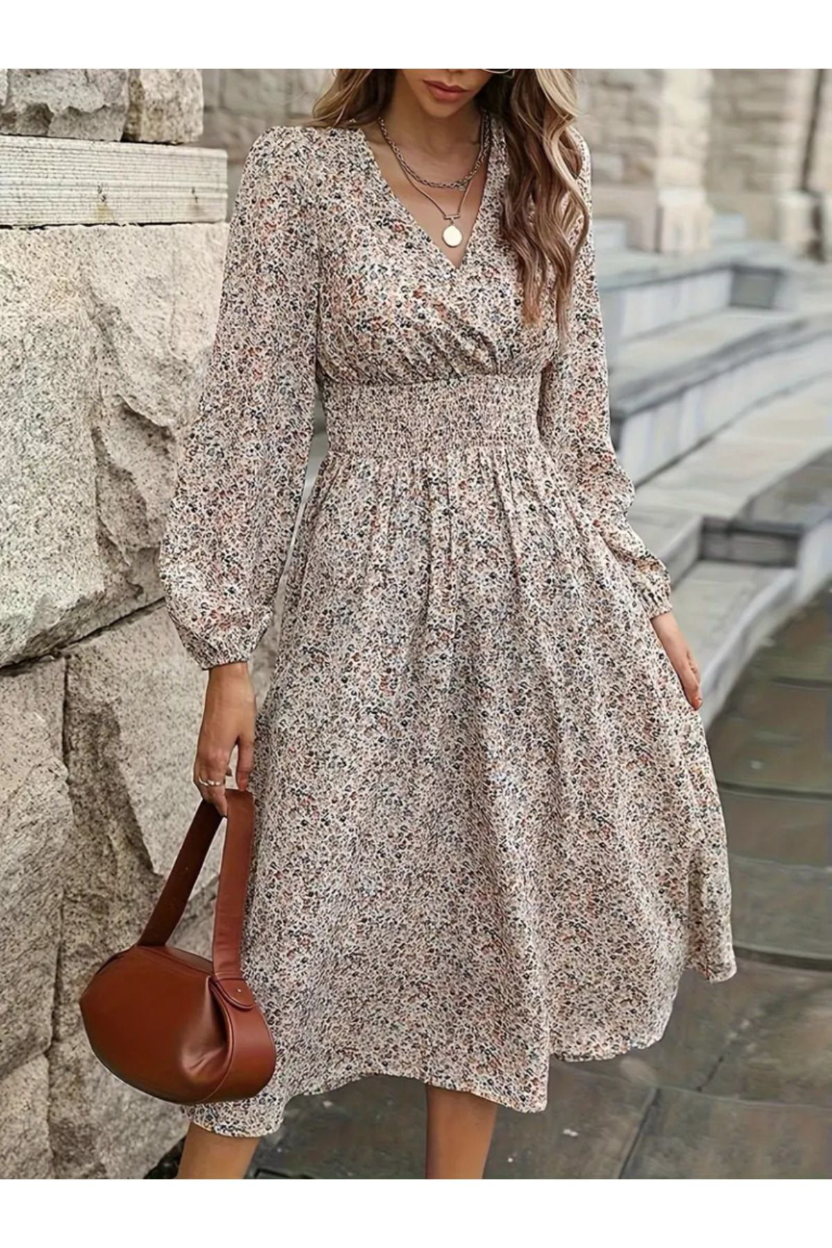 Kadın Uzun Kollu Kruvaze Yaka Beli Lastikli Kiloş Desenli Midi Sü