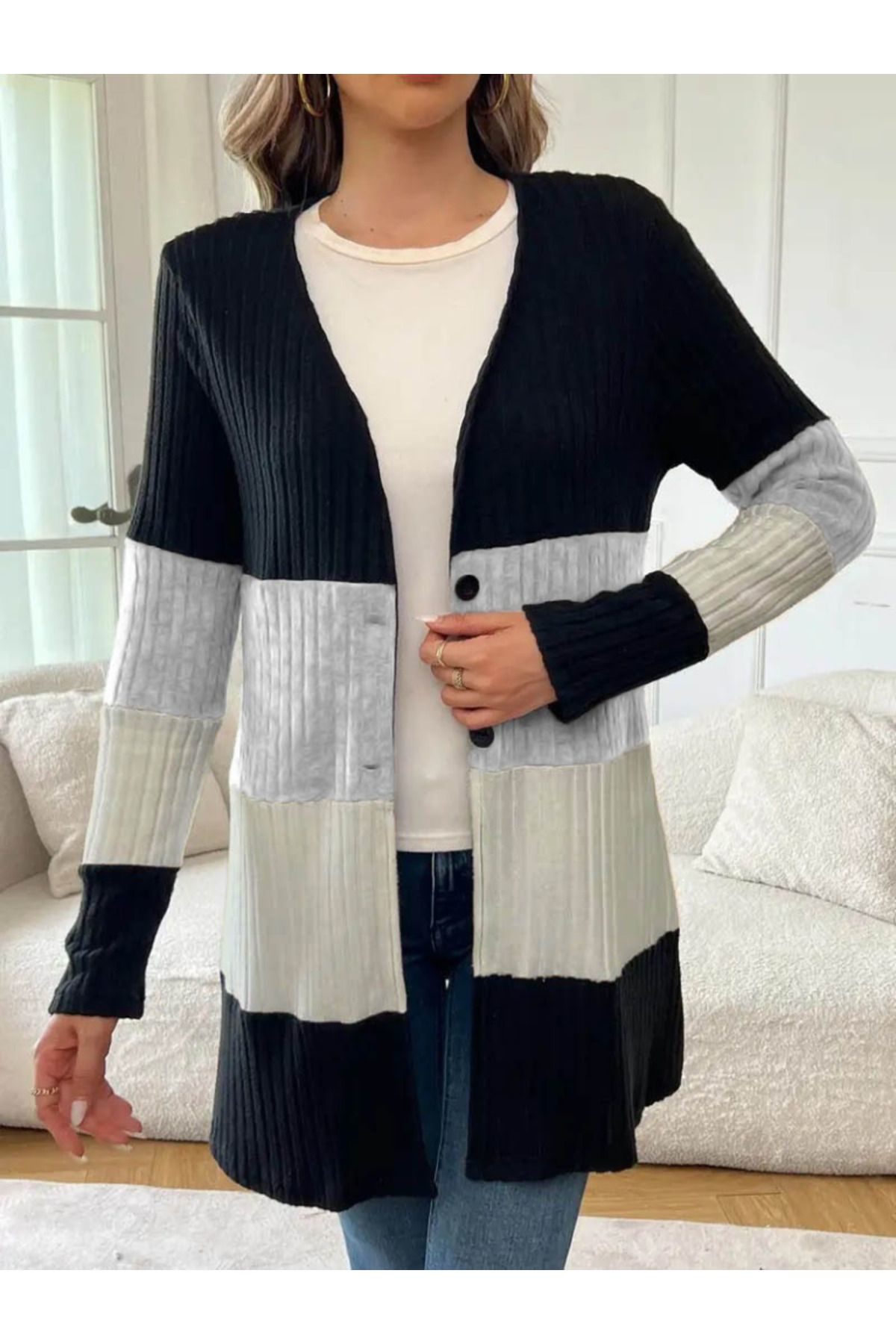 Beste Gürel Kadin Uzun Kollu Çok Renkli Önden Düğmeli Uzun Kişlik Ceket