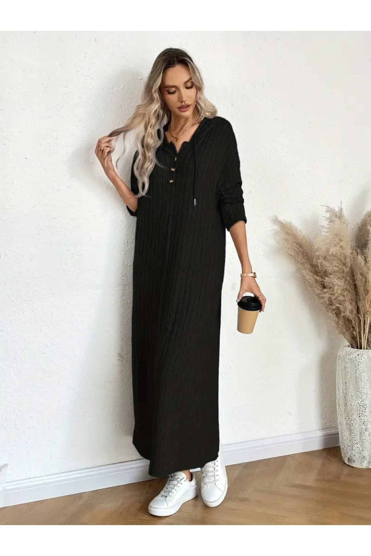 Moda Kadin Uzun Kollu Kapşonlu Bağcikli Şardonlu Kaşkorse Uzun Elbise