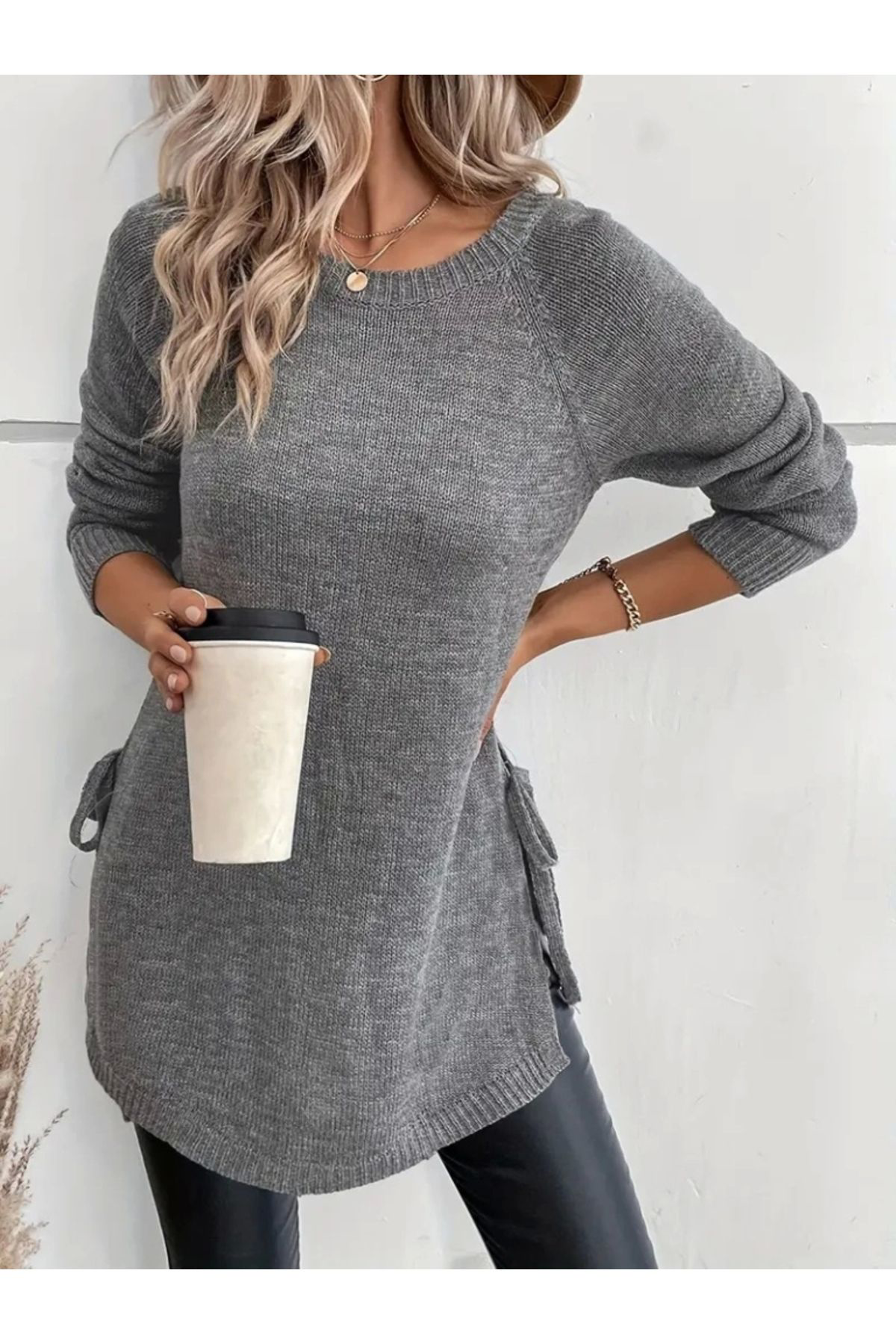 Trend Moda Kadin Uzun Kollu Yuvarlak Yakali Yanlardan Bağcikli Triko Bluz