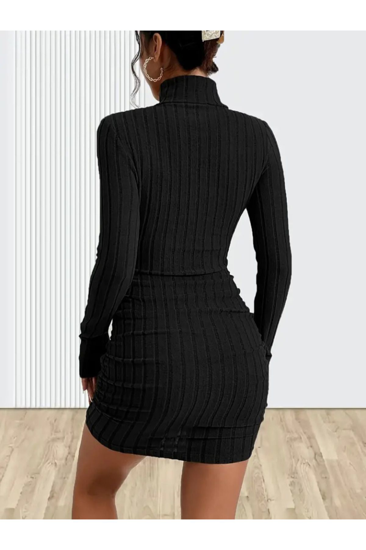 Kadın Uzun Kollu Balıkçı Yaka Kısa şardonlu Kaşkorse Elbise