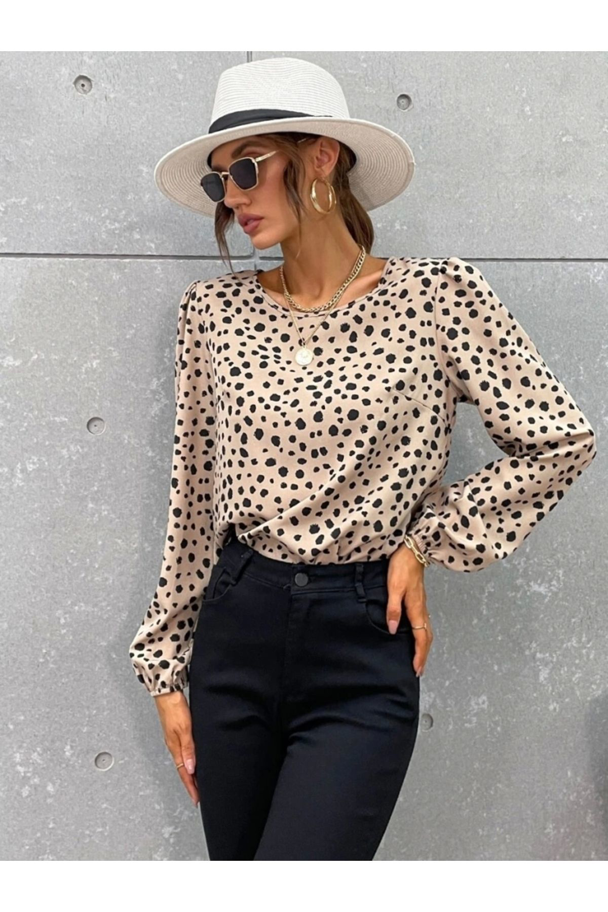 Kadın Uzun Kollu Bisiklet Yaka Desenli Bluz