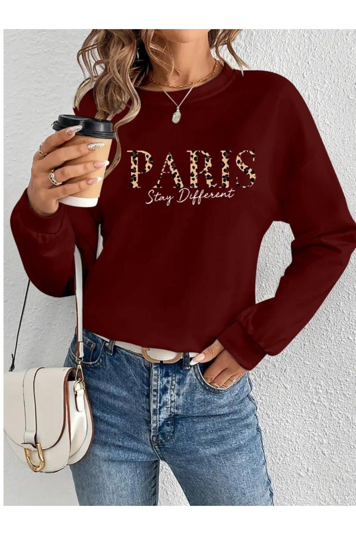 Creis Kadın Uzun Kollu Bisiklet Yaka Desenli Viskon İki İplik Bluz