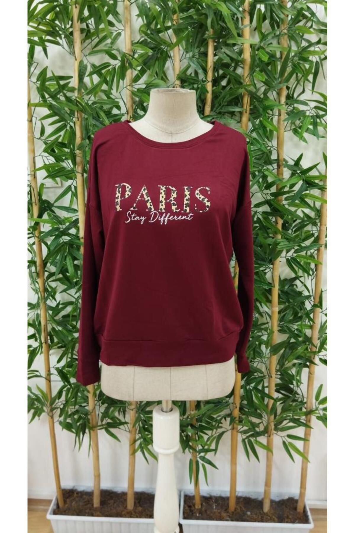 Creis Kadın Uzun Kollu Bisiklet Yaka Desenli Viskon İki İplik Bluz