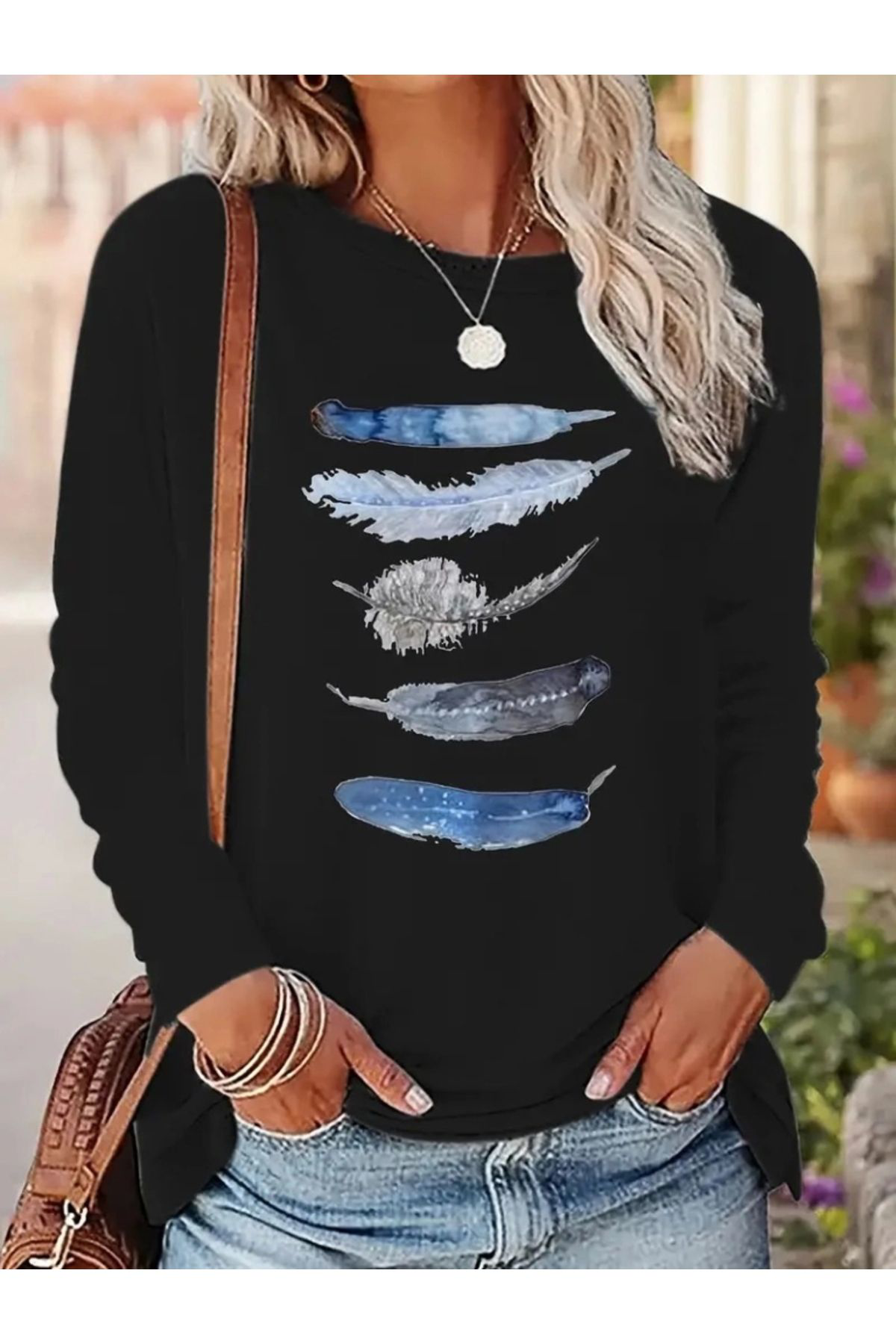 Kadın Uzun Kollu Bisiklet Yaka Kuş Tüyü Desenli Viskon Bluz