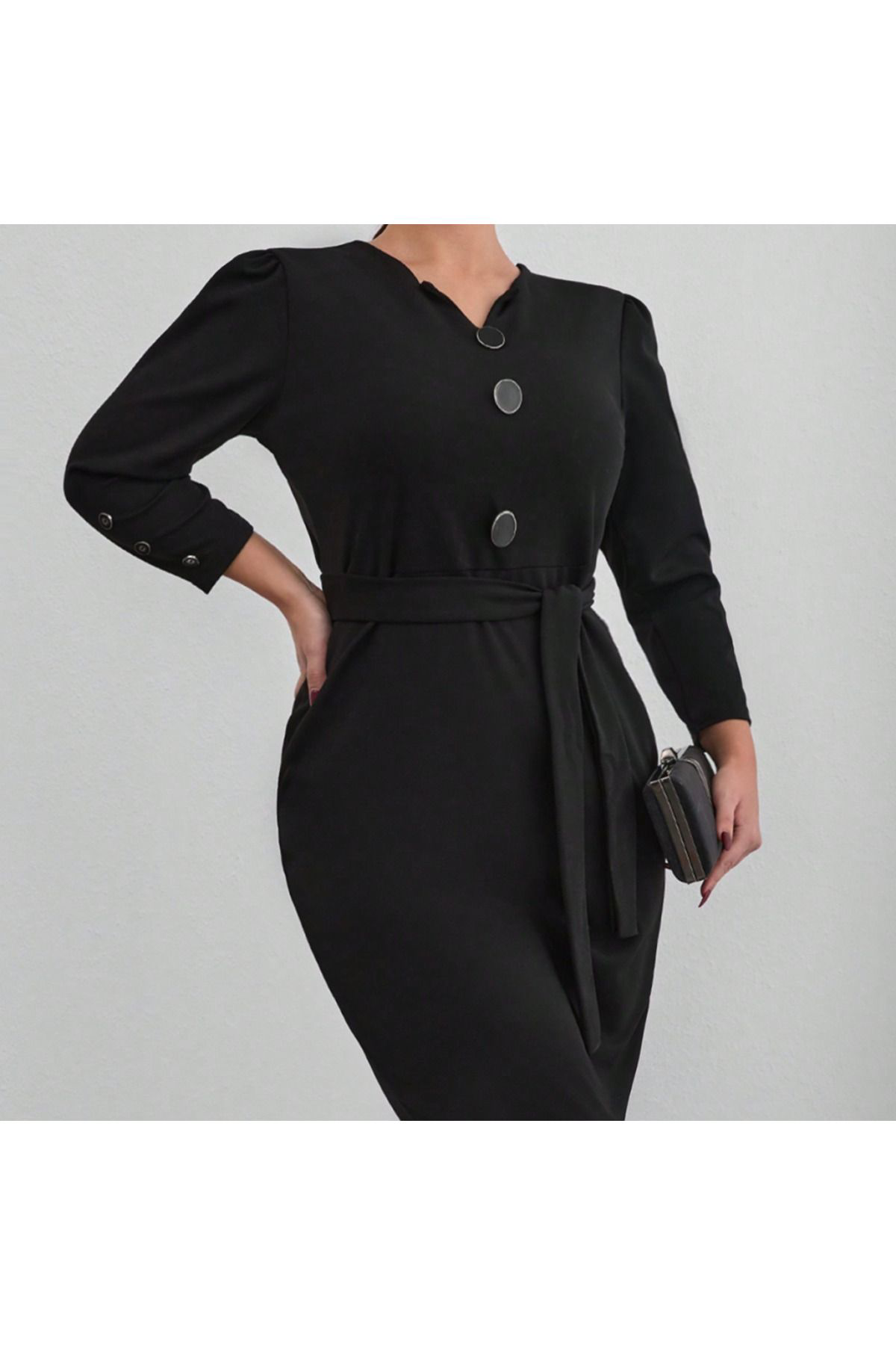 Kadın Uzun Kollu Düğme Detaylı Kendinden Kemerli Ithal Krep Elbis