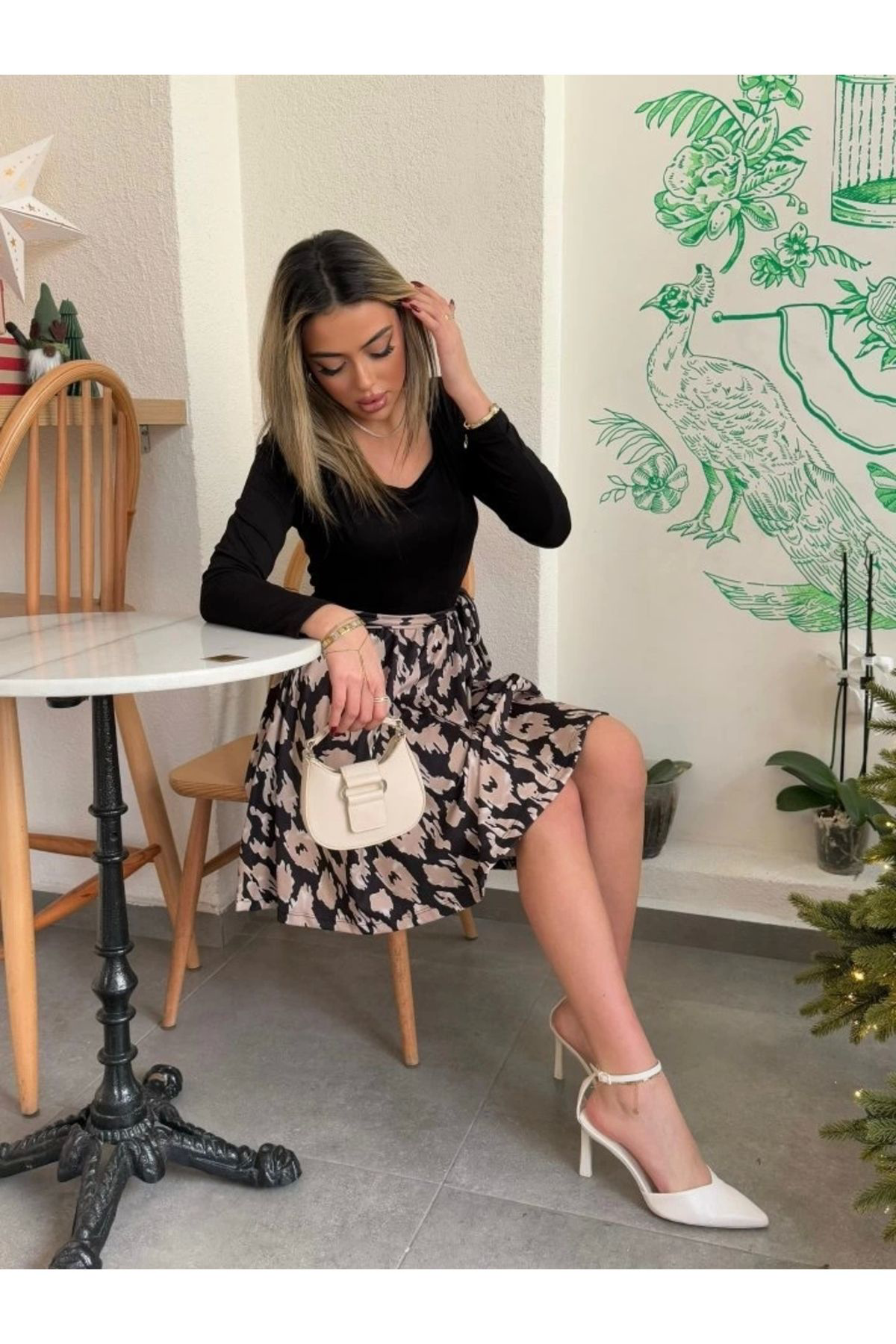 Kadın Uzun Kollu Kare Yaka Viskon Bluz Alt Süprem Baskılı Belden 