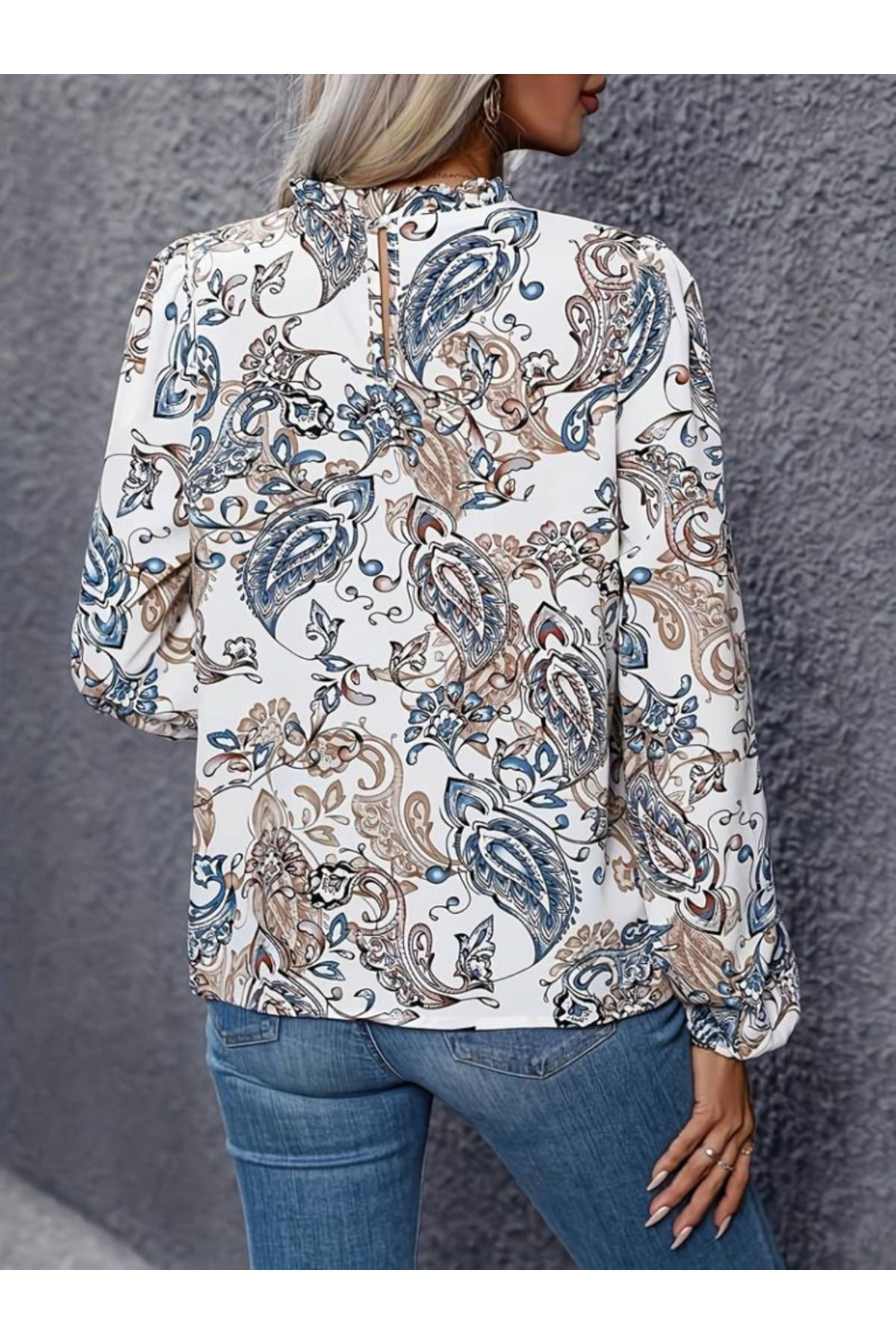 Kadın Uzun Kollu Yarı Balıkçı Yaka Desenli Süprem Bluz