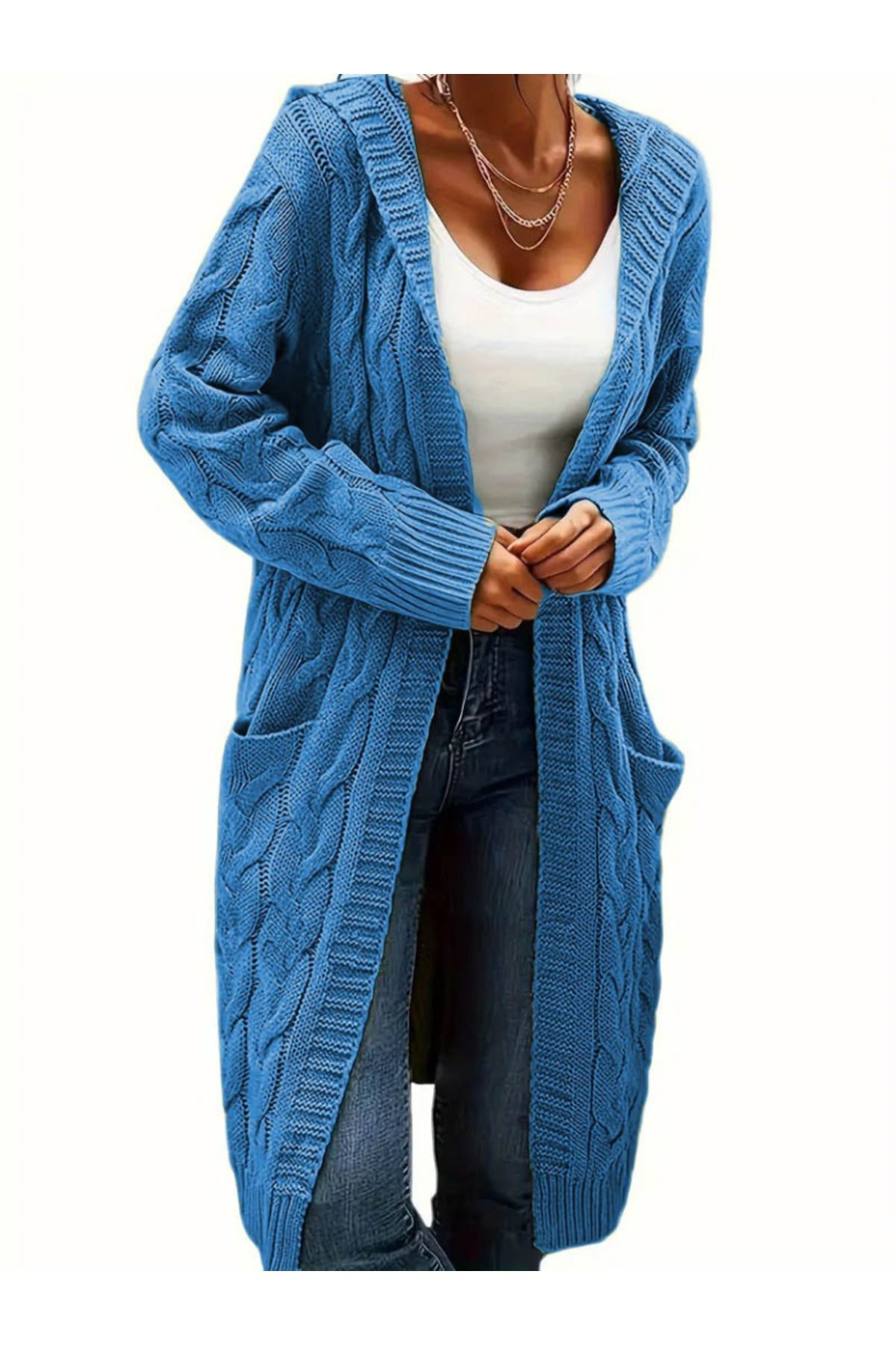 Tommy Hilfiger Kadin Uzun Kollu Kapşonlu Önü Açik Cepli Midi Hirka