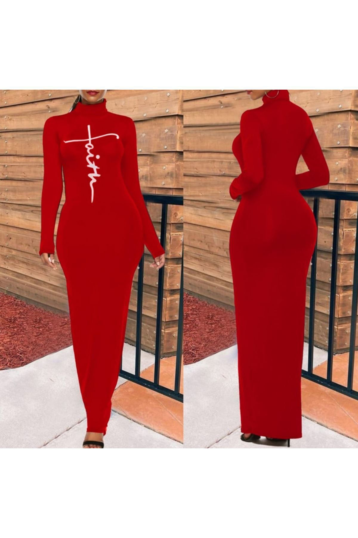 Kadın Uzun Kollu Boğazlı Baskı Detaylı Viskon Tam Boy Elbise