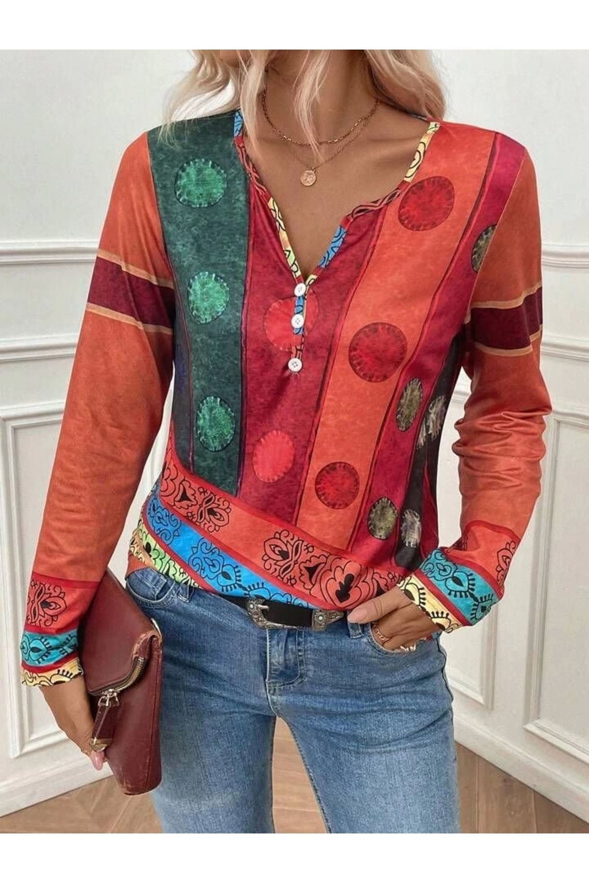 Kadın Uzun Kollu V Yakalı çok Renkli Süprem Bluz