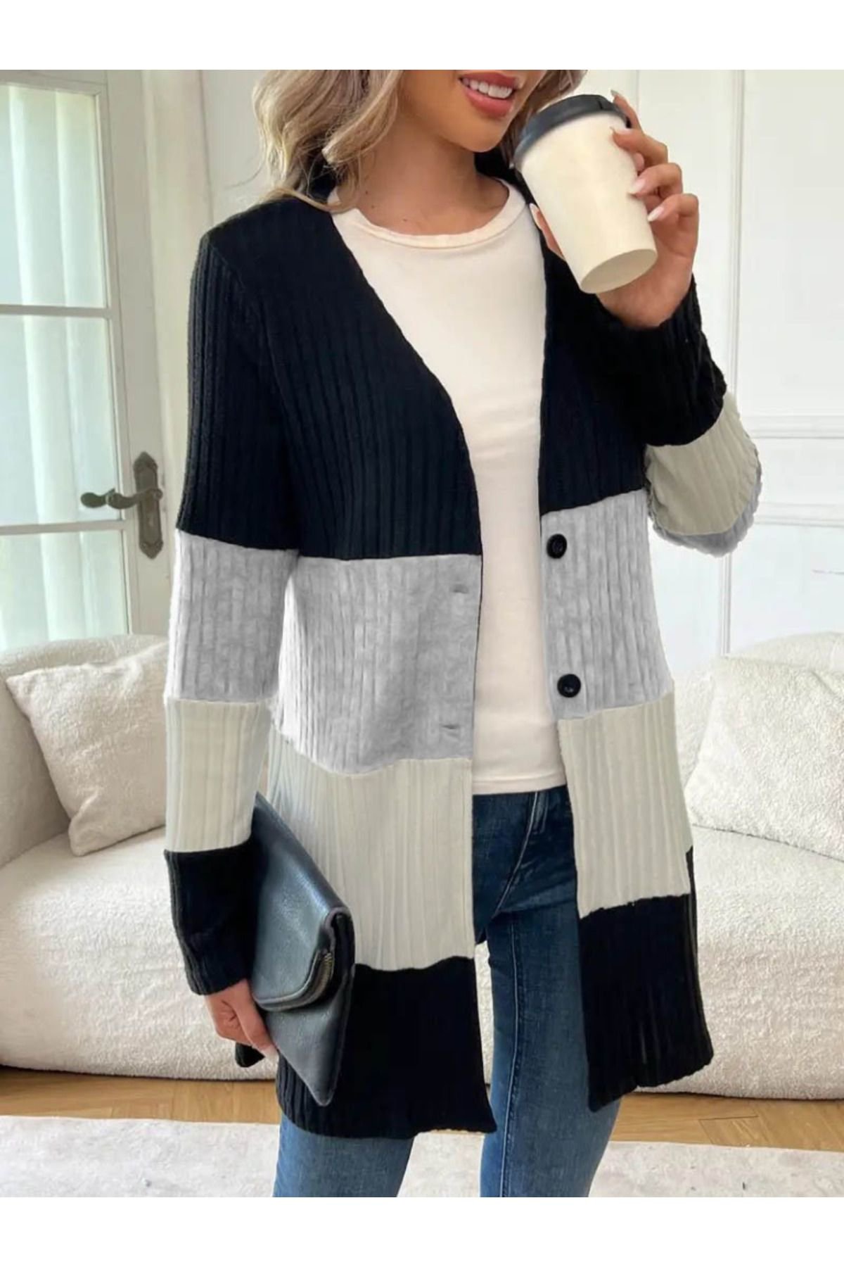 Beste Gürel Kadin Uzun Kollu Çok Renkli Önden Düğmeli Uzun Kişlik Ceket