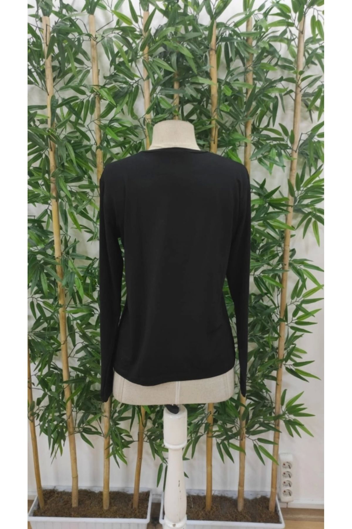 Kadın Uzun Kollu Bisiklet Yaka Kuş Tüyü Desenli Viskon Bluz