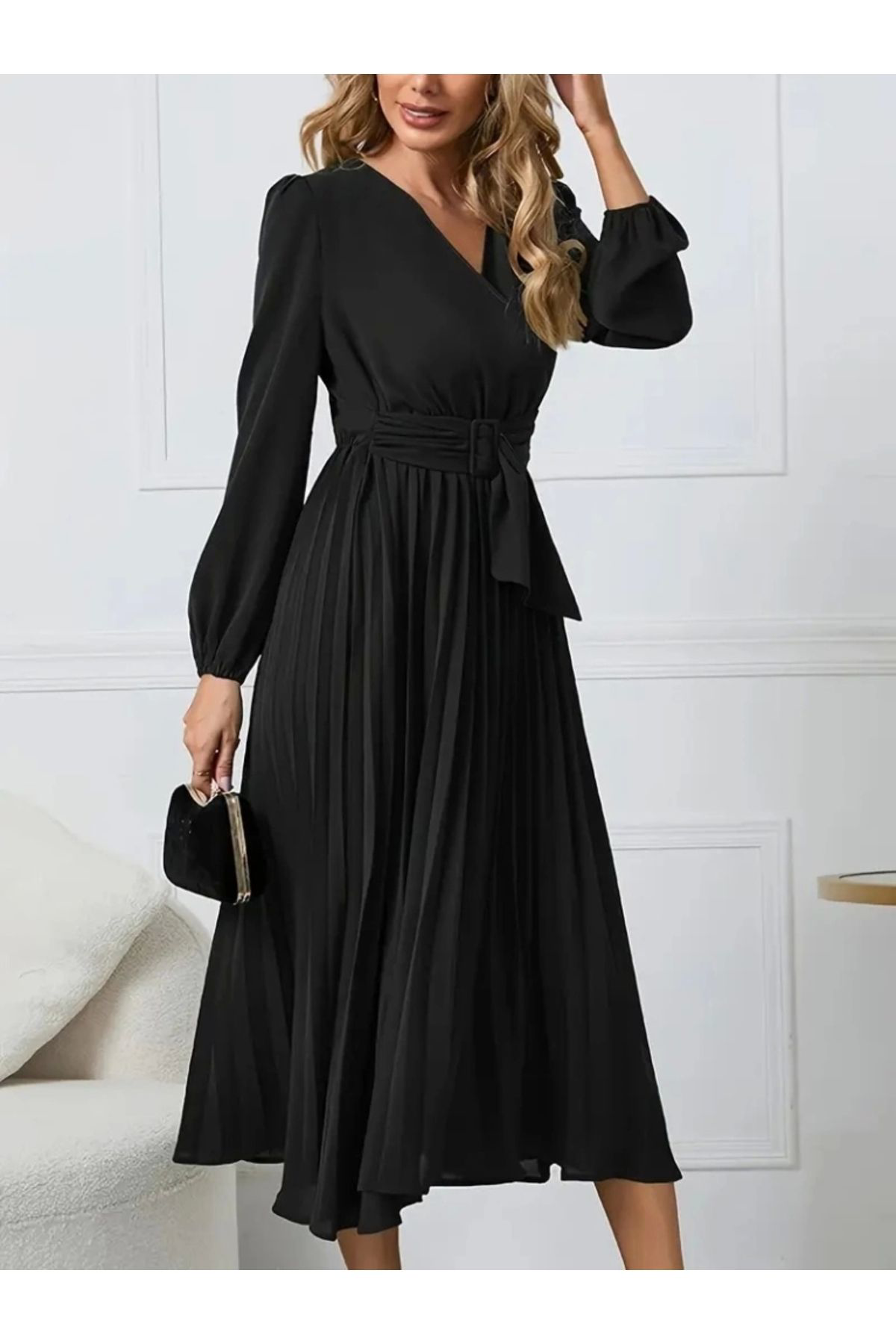 Kadın Uzun Kollu Kruvaze Yaka Belinde Toka Detaylı Pileli Uzun It