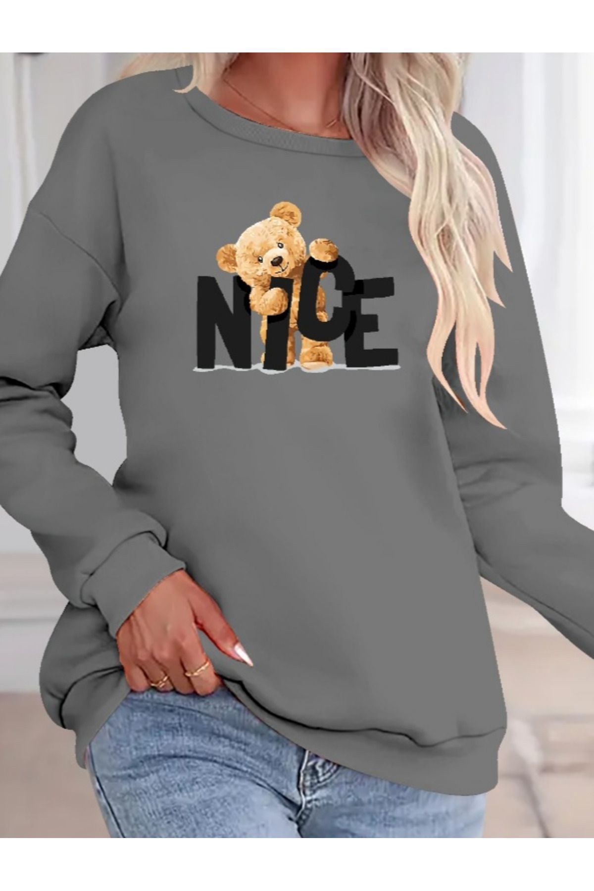 Kadın Uzun Kollu Bisiklet Yaka Viskon Iki Iplik Bluz