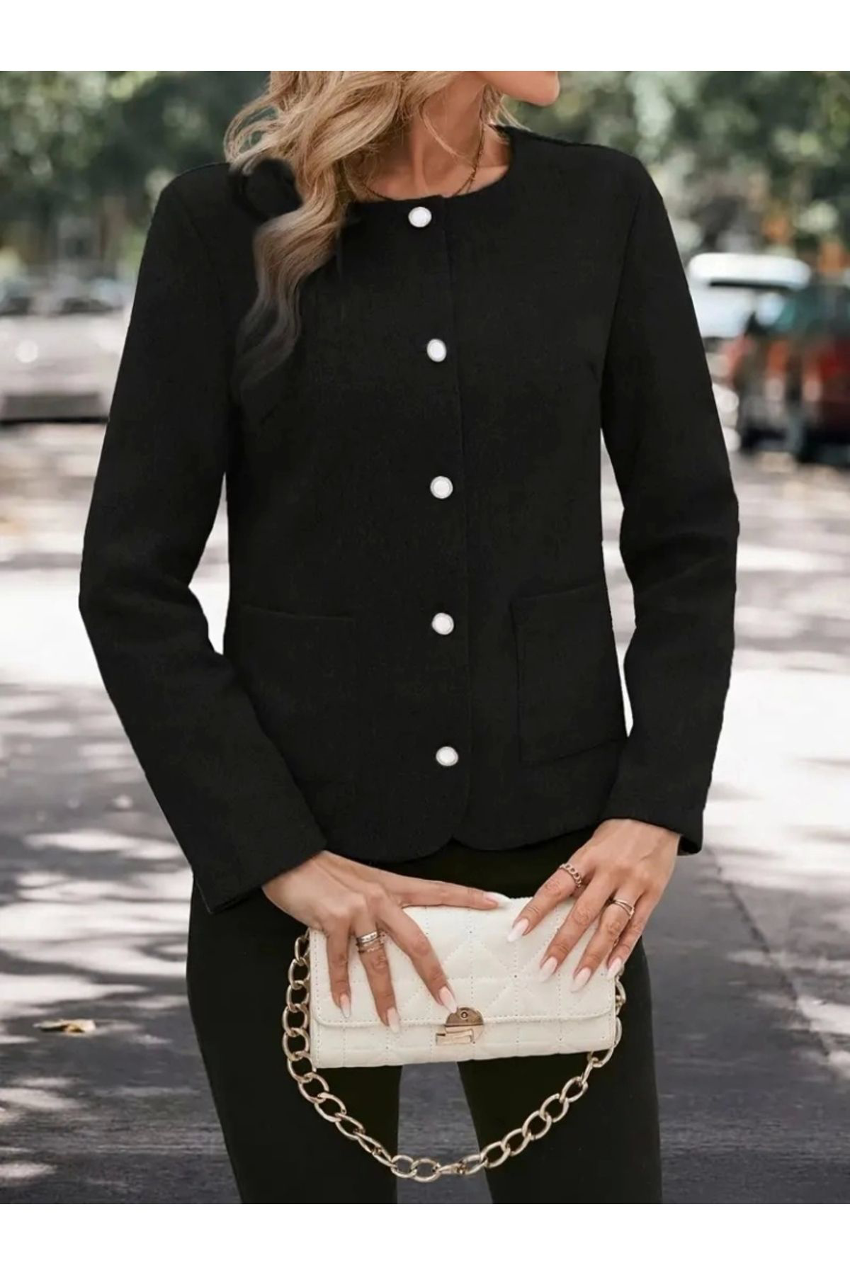 Beste Gürel Kadın Uzun Kollu Yuvarlak Yaka Önden Düğmeli Kaşe Ceket