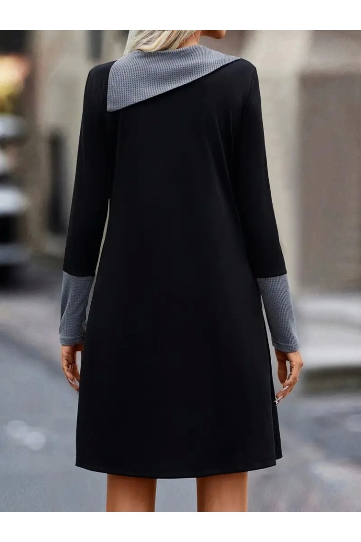 Kadın Uzun Kollu Yakadan Düğmeli Kısa Viskon Iki Iplik Elbise