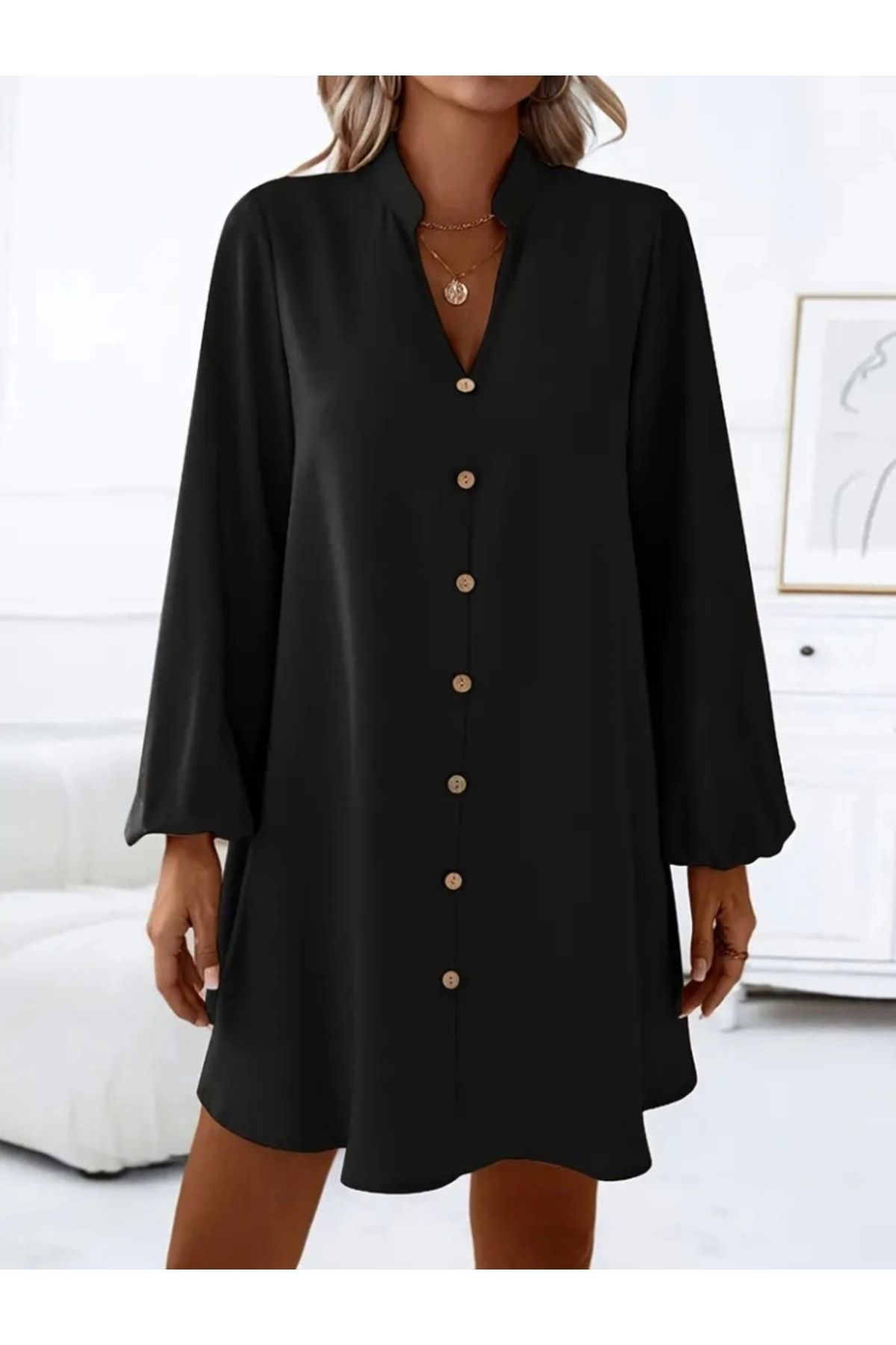 Kadın Uzun Kollu V Yakalı önden Düğmeli Kısa Sandy Elbise