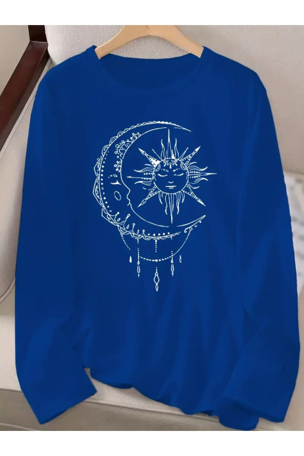 Kadın Uzun Kollu Bisiklet Yaka Ay Baskılı Viskon Bluz