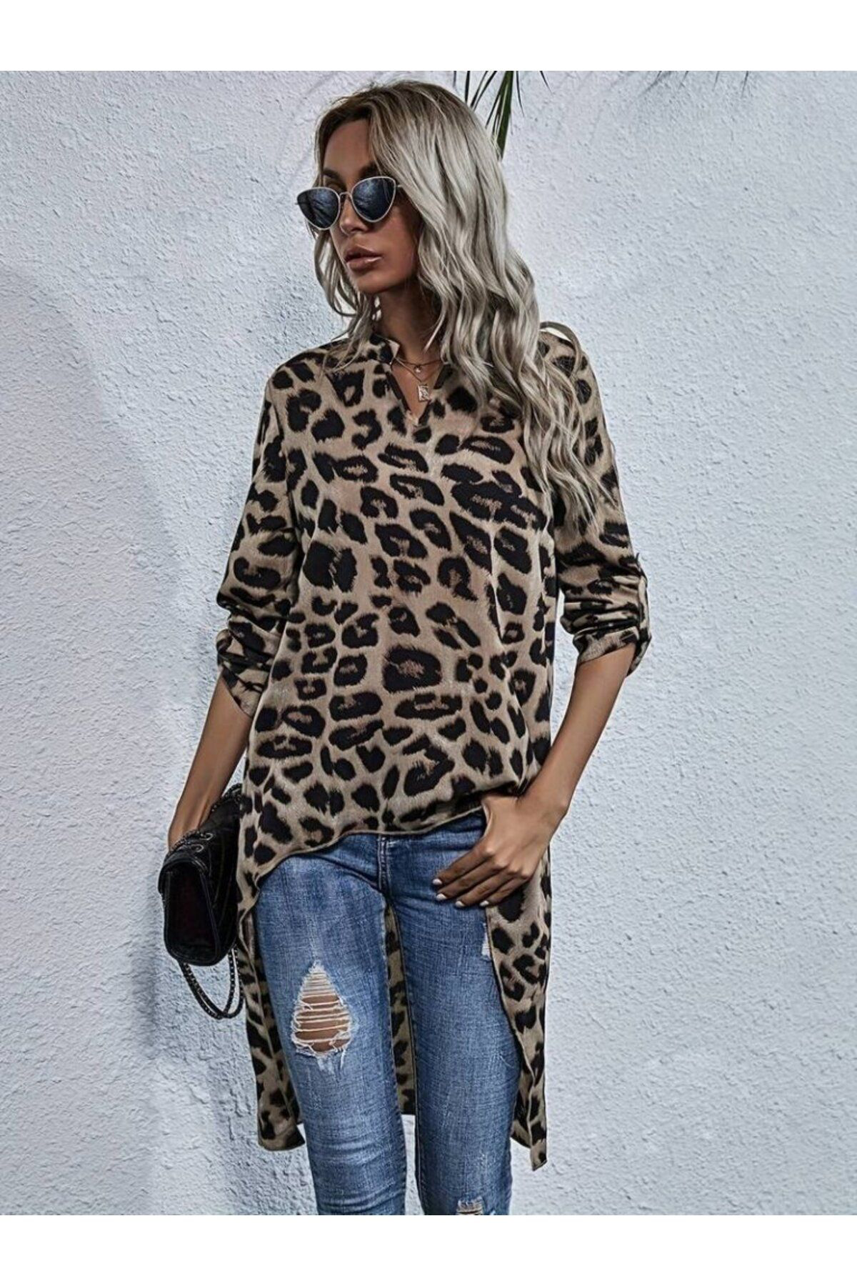 Kadın Uzun Kollu Hakim V Yakalı Leopar Desenli Asimetrik Kesim Sü