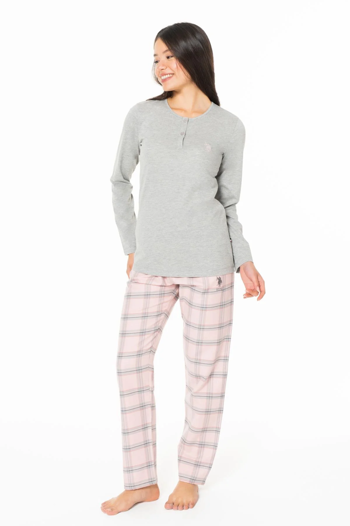 Kadın Uzun Kollu Altı Kareli Pijama Takımı S26169 Bisiklet yaka d