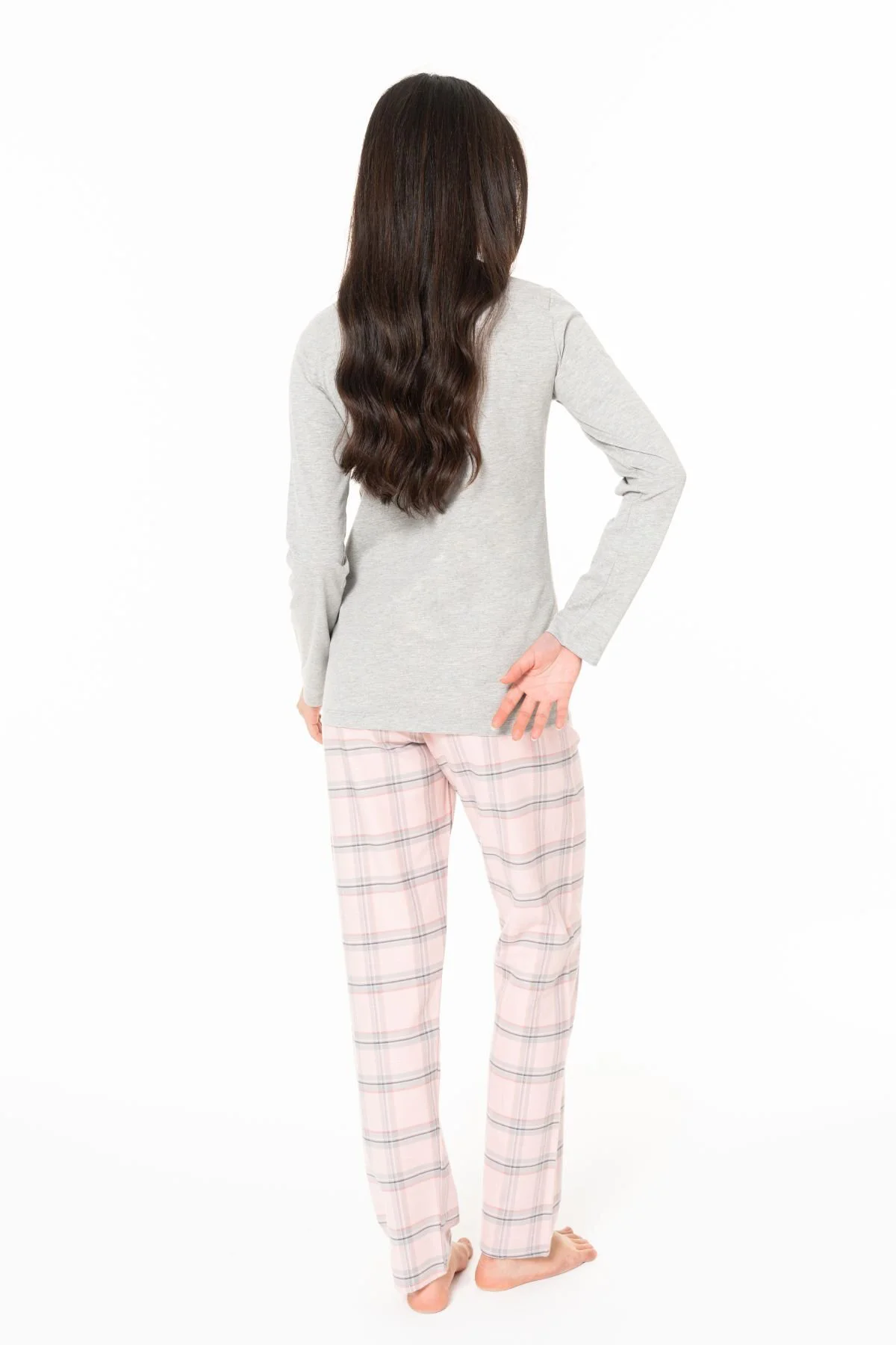 Kadın Uzun Kollu Altı Kareli Pijama Takımı S26169 Bisiklet yaka d