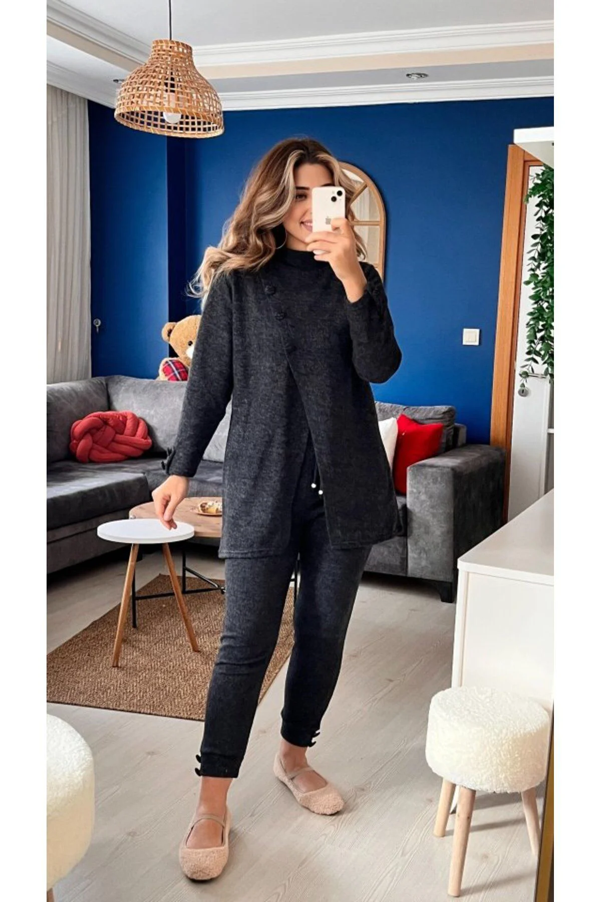 Kadın Uzun Kollu Balıkçı Yaka önden Düğmeli Bluz Ve Pantolon Yumo