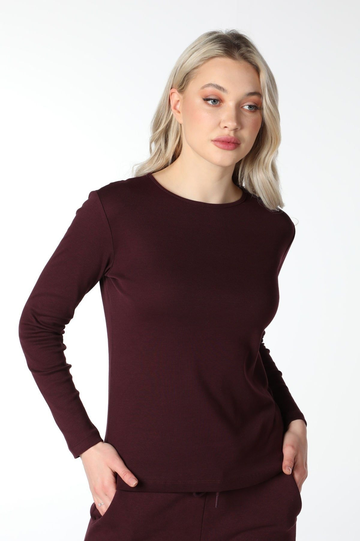 Defys Kadin Uzun Kollu Bisiklet Yaka Tişört Mürdüm