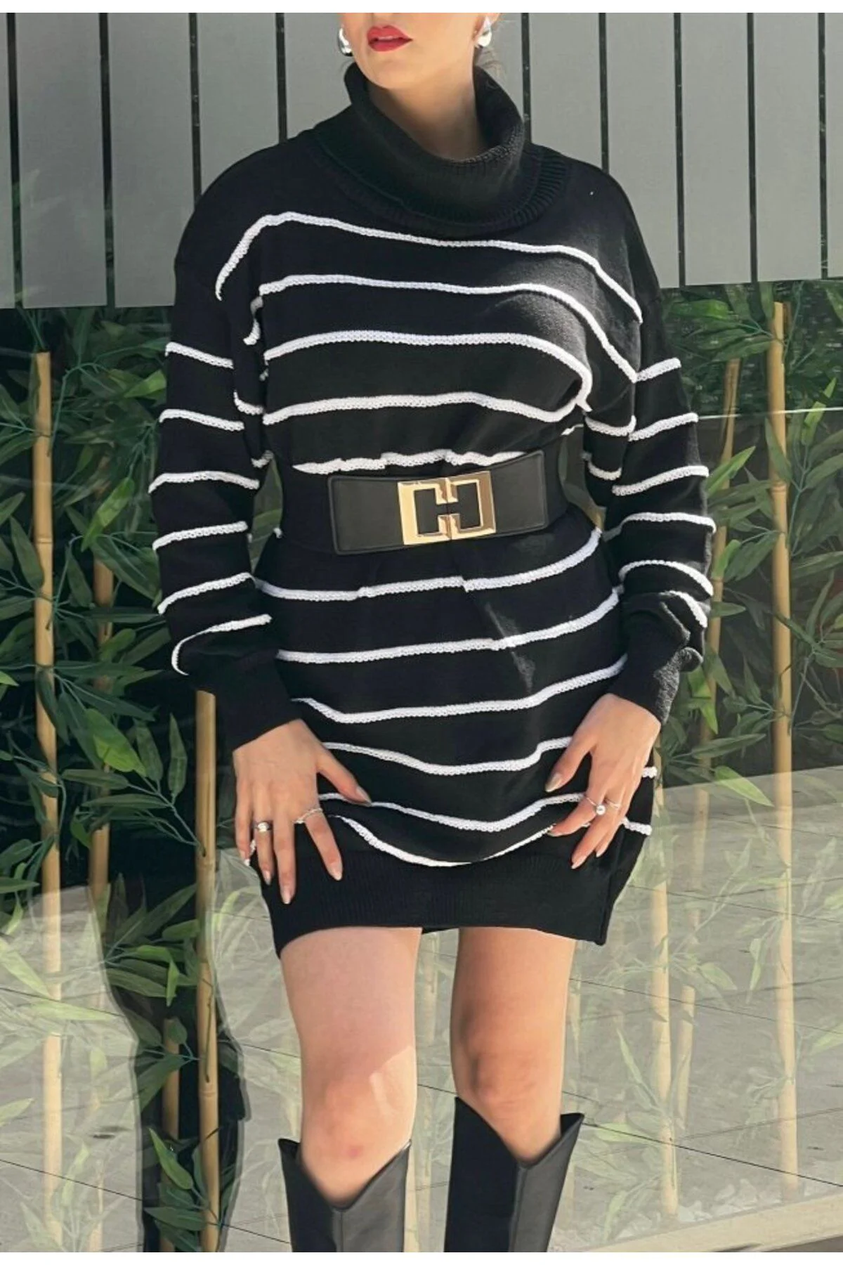 Kadın Uzun Kollu Degaje Yaka çizgili Sonya Iplik Mini Boy Triko E