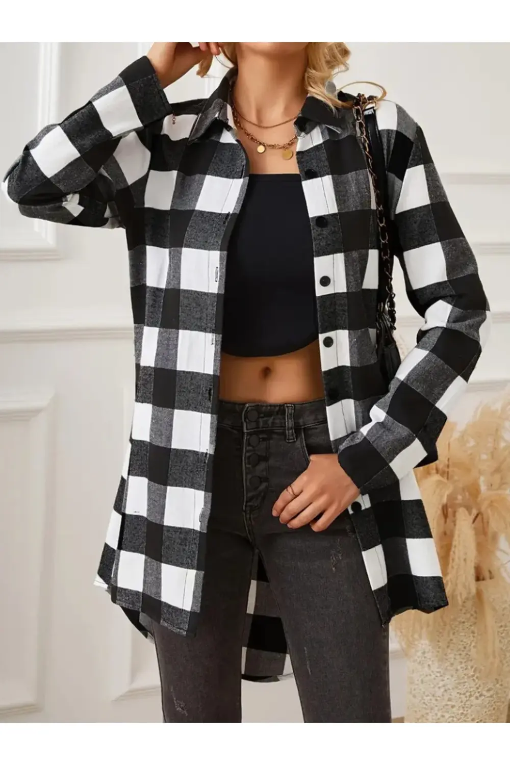 Kadın Uzun Kollu Ekoseli önden Düğmeli Dokuma Uzun Gömlek