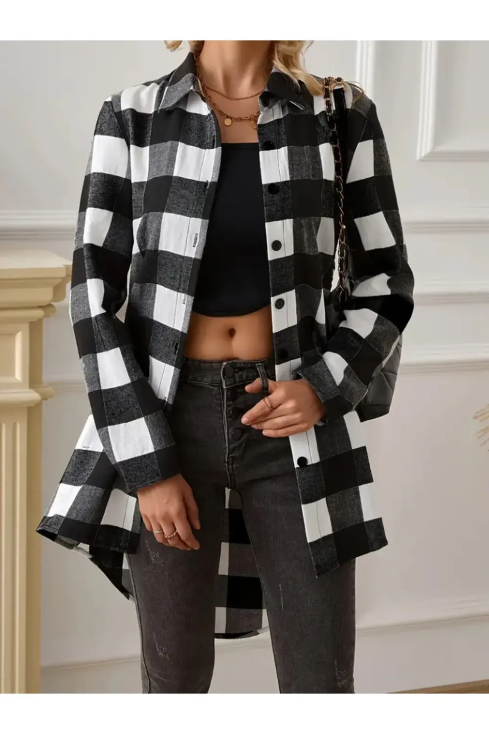 Kadın Uzun Kollu Ekoseli önden Düğmeli Dokuma Uzun Gömlek