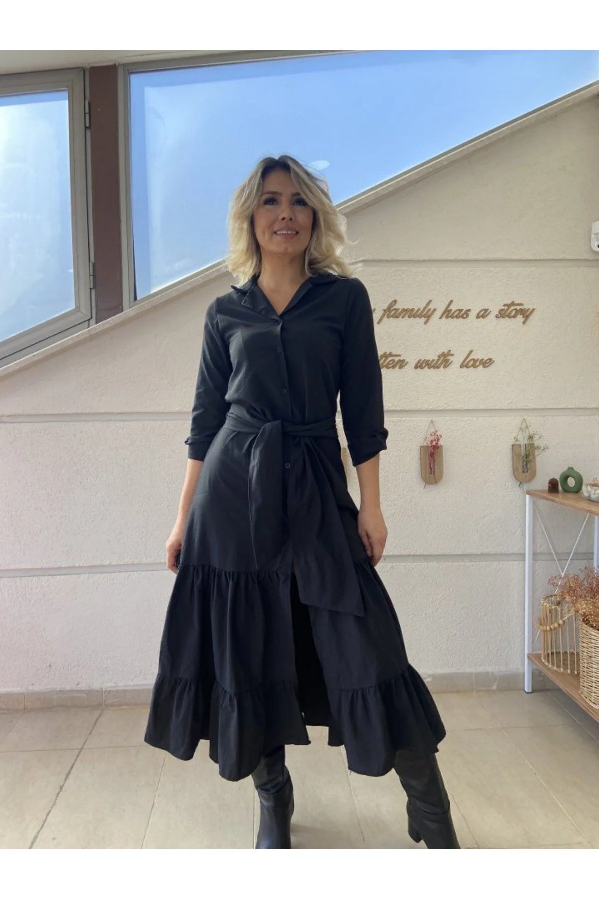 Kadın Uzun Kollu Eteği Fırfırlı Beli Kuşaklı Trikoton Tam Boy Göm
