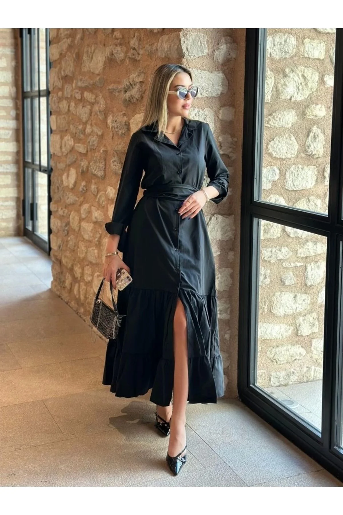 Kadın Uzun Kollu Eteği Fırfırlı Beli Kuşaklı Trikoton Tam Boy Göm