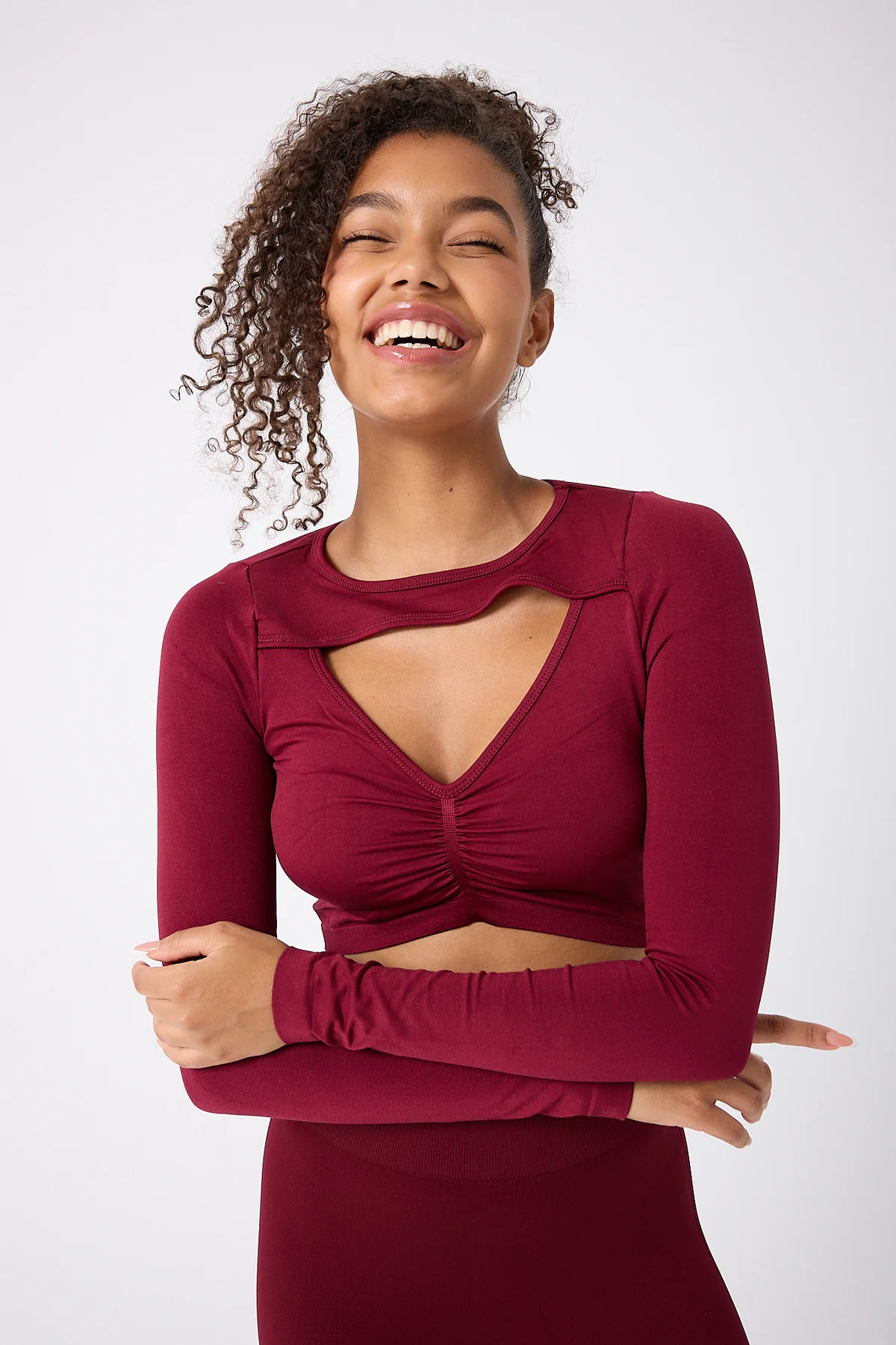 Kadın Uzun Kollu Göğsü Açık Dikişsiz Crop Top