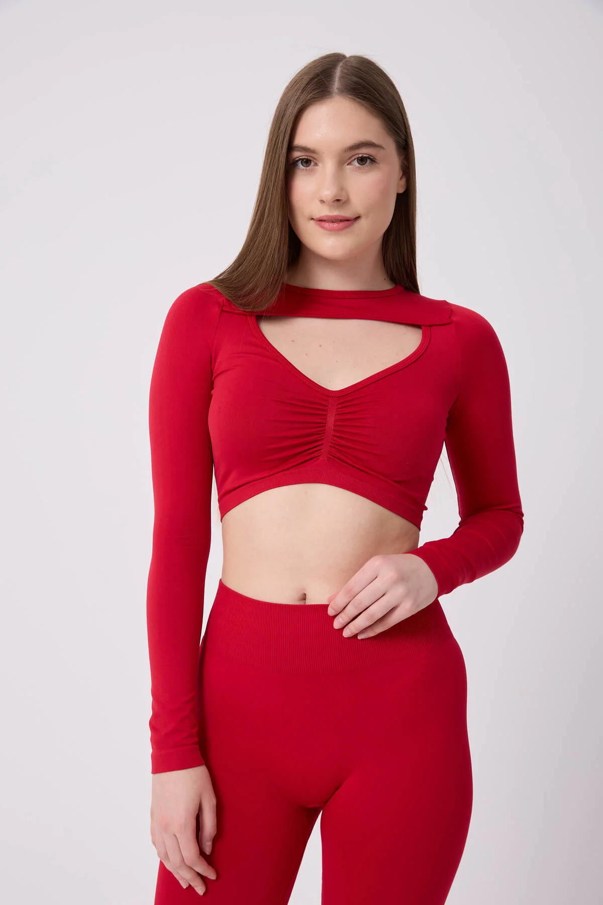 Kadın Uzun Kollu Göğsü Açık Dikişsiz Crop Top