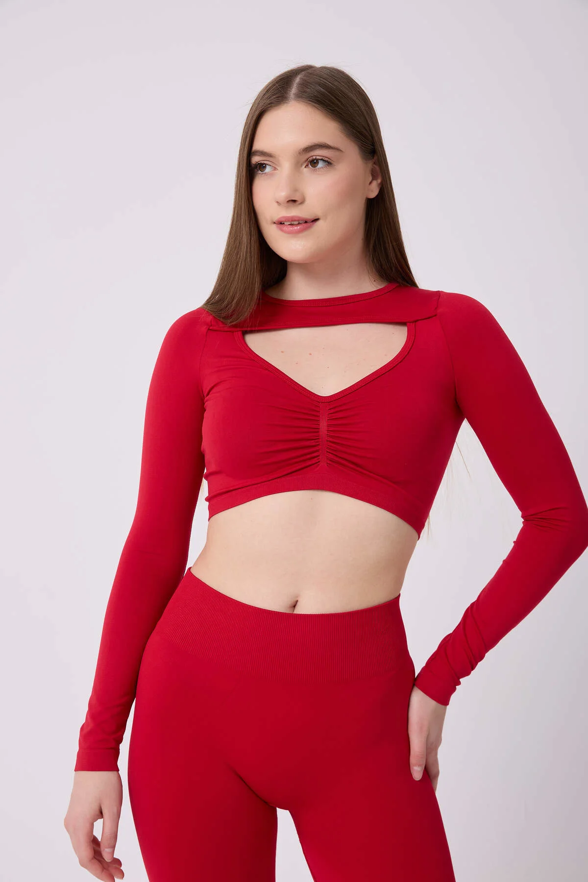 Kadın Uzun Kollu Göğsü Açık Dikişsiz Crop Top
