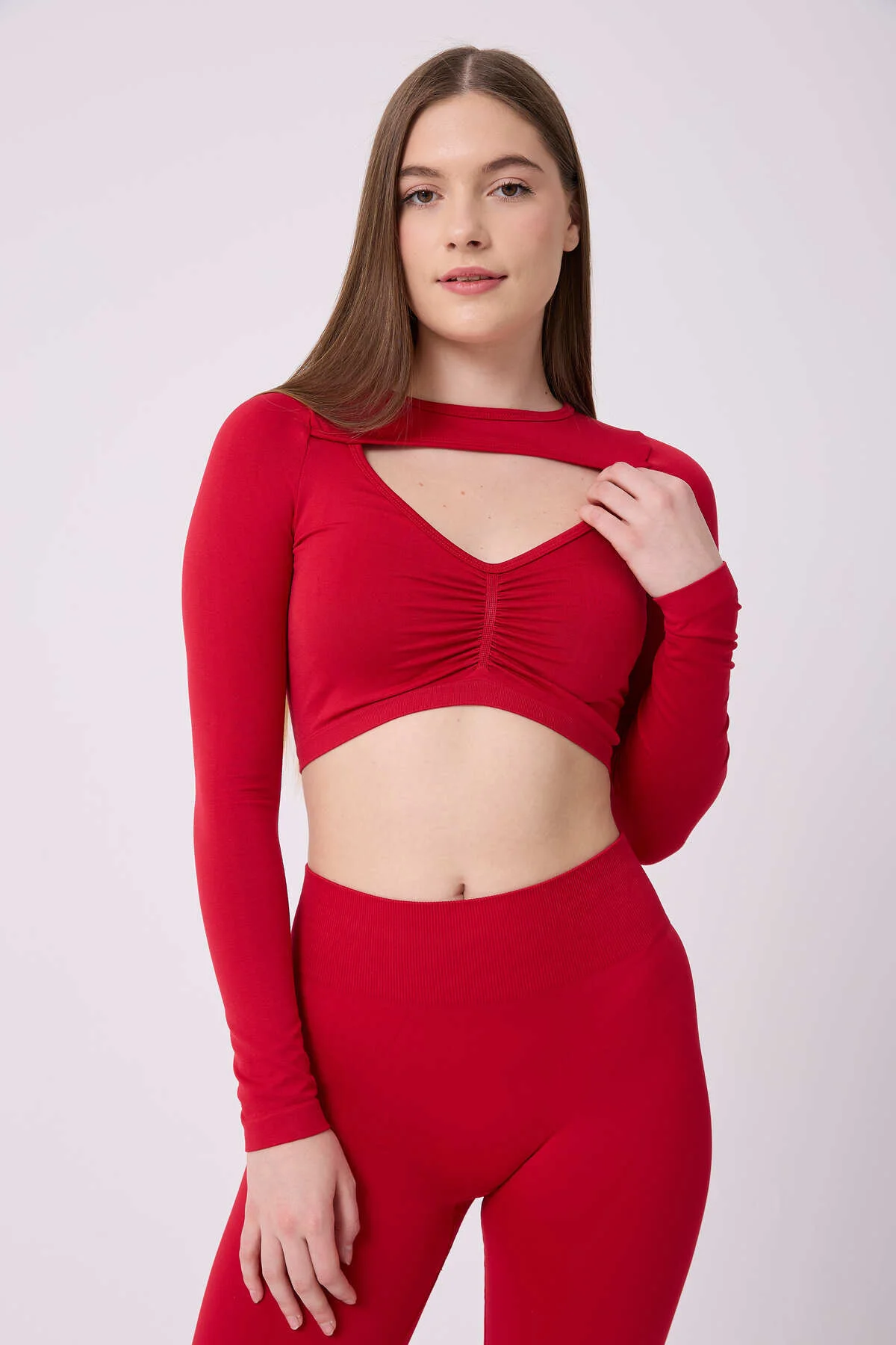 Kadın Uzun Kollu Göğsü Açık Dikişsiz Crop Top
