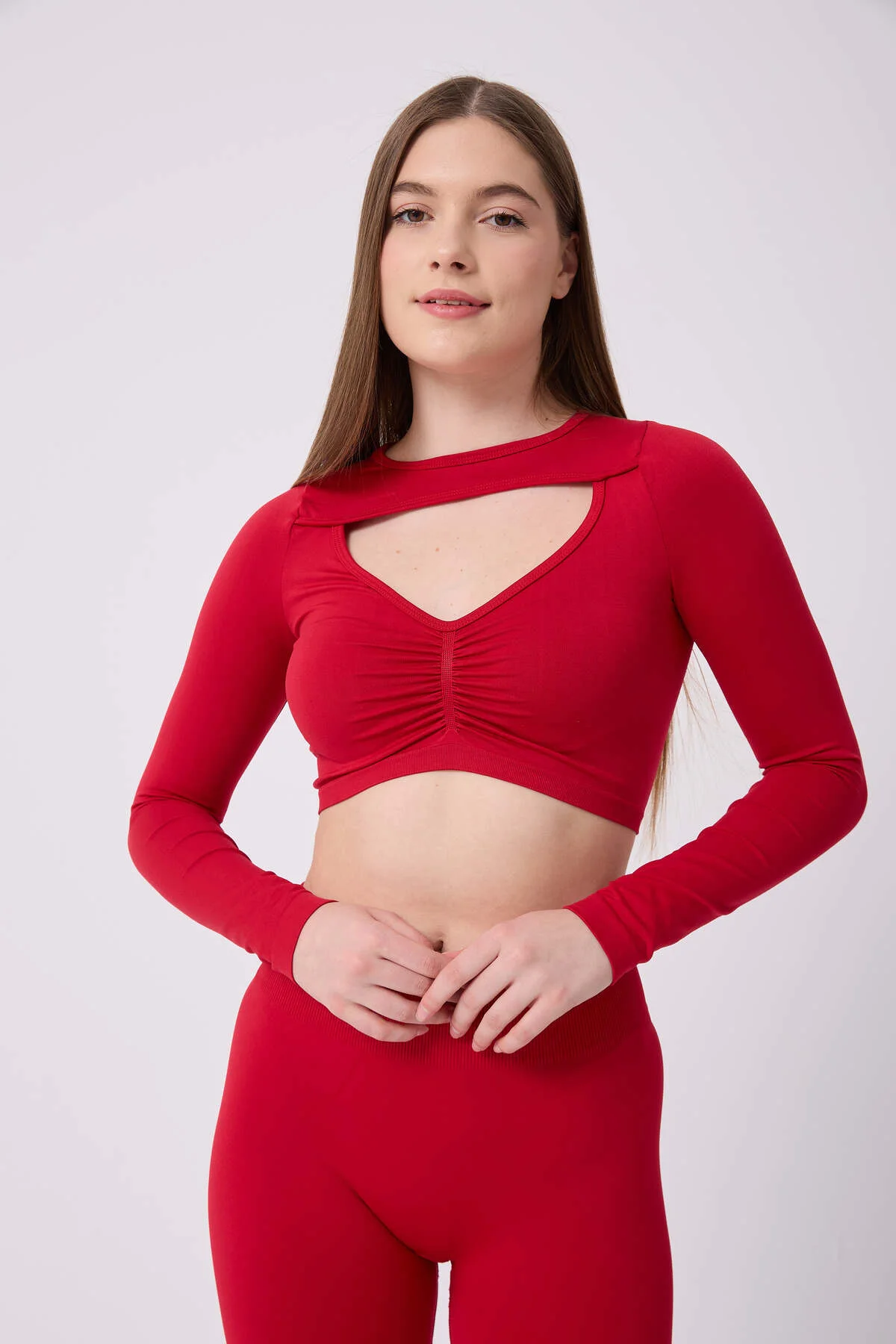 Kadın Uzun Kollu Göğsü Açık Dikişsiz Crop Top