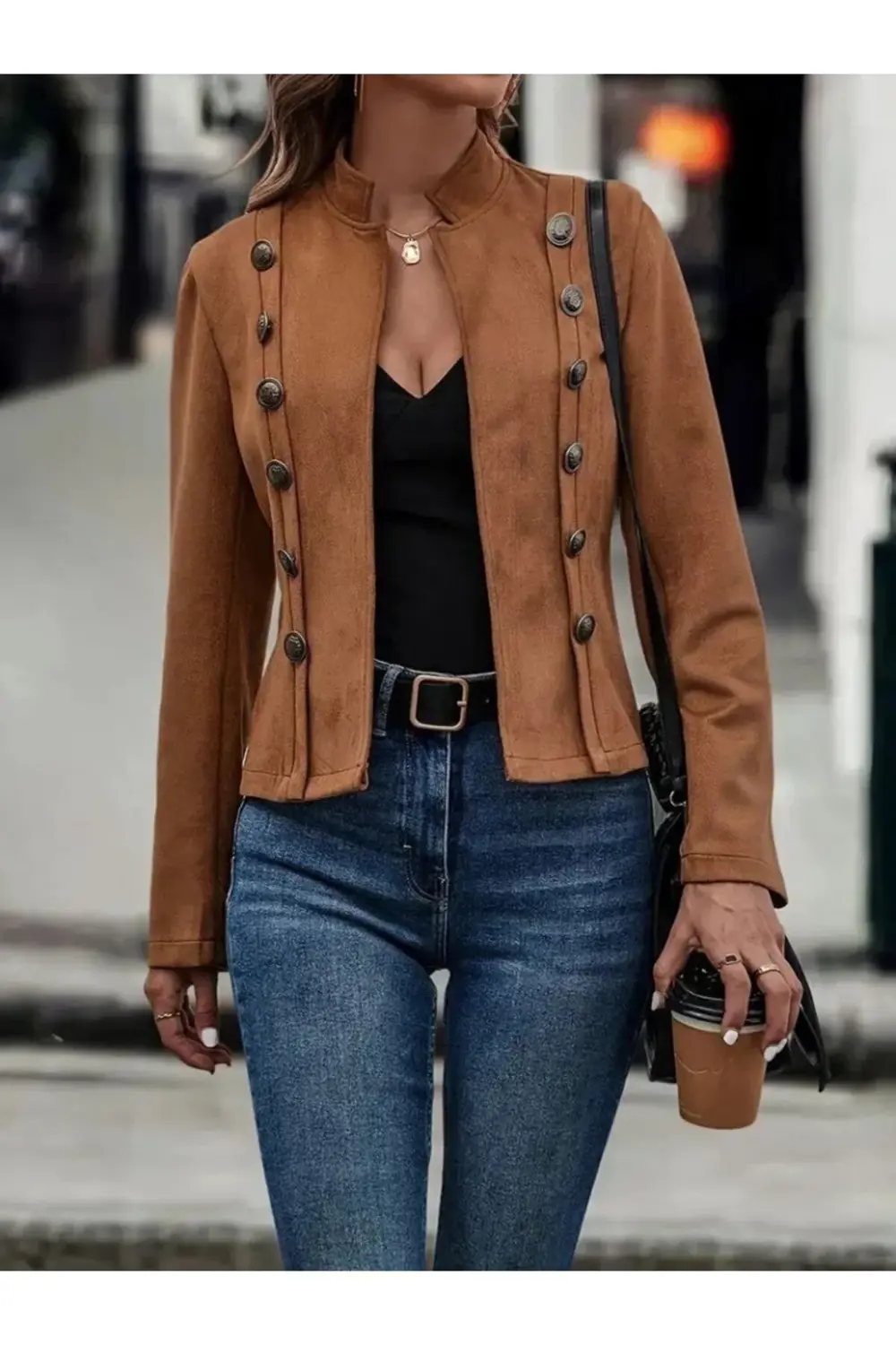 Kadın Uzun Kollu Hakim Yaka Yanlardan Düğmeli Kısa Süet Ceket