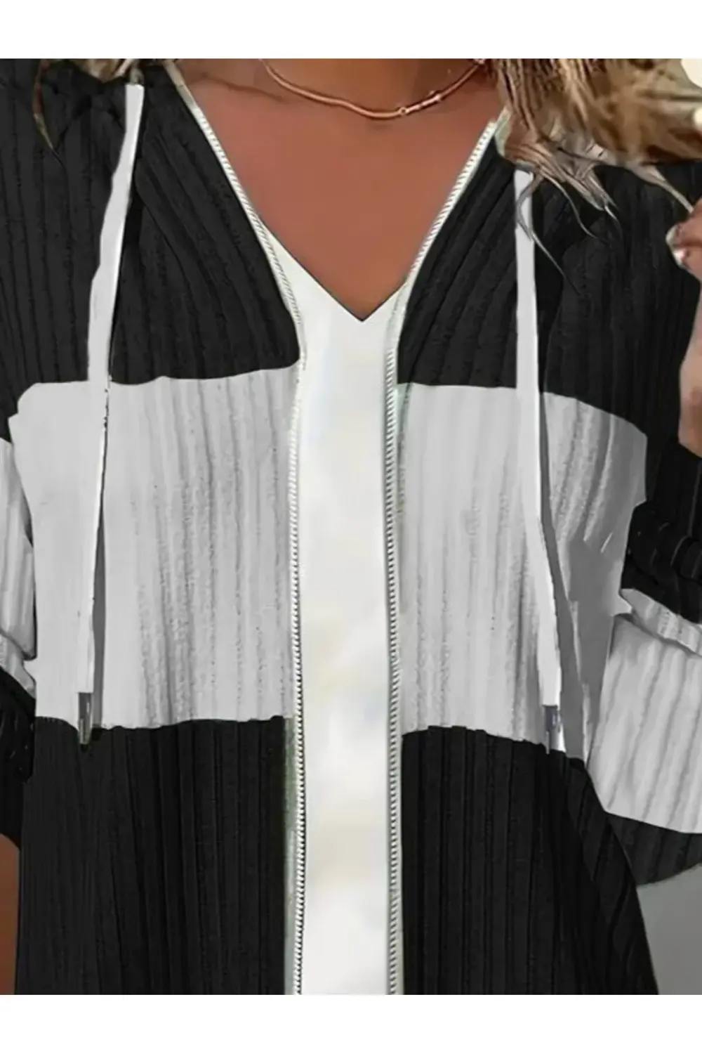 Kadın Uzun Kollu Kapşonlu önden Fermuarlı Blok Desenli şardonlu K