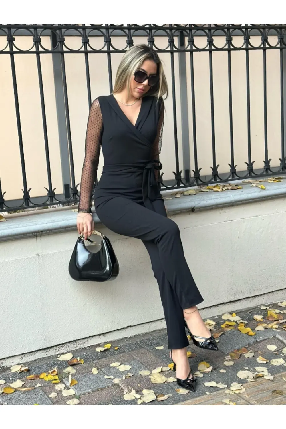 Kadın Uzun Kollu Kruvaze Yakalı Kolları Tül Detay Beli Kuşaklı It