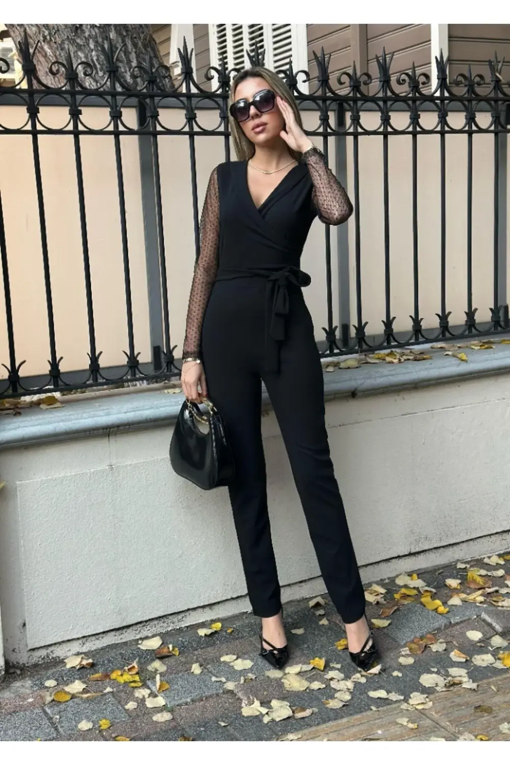 Kadın Uzun Kollu Kruvaze Yakalı Kolları Tül Detay Beli Kuşaklı It