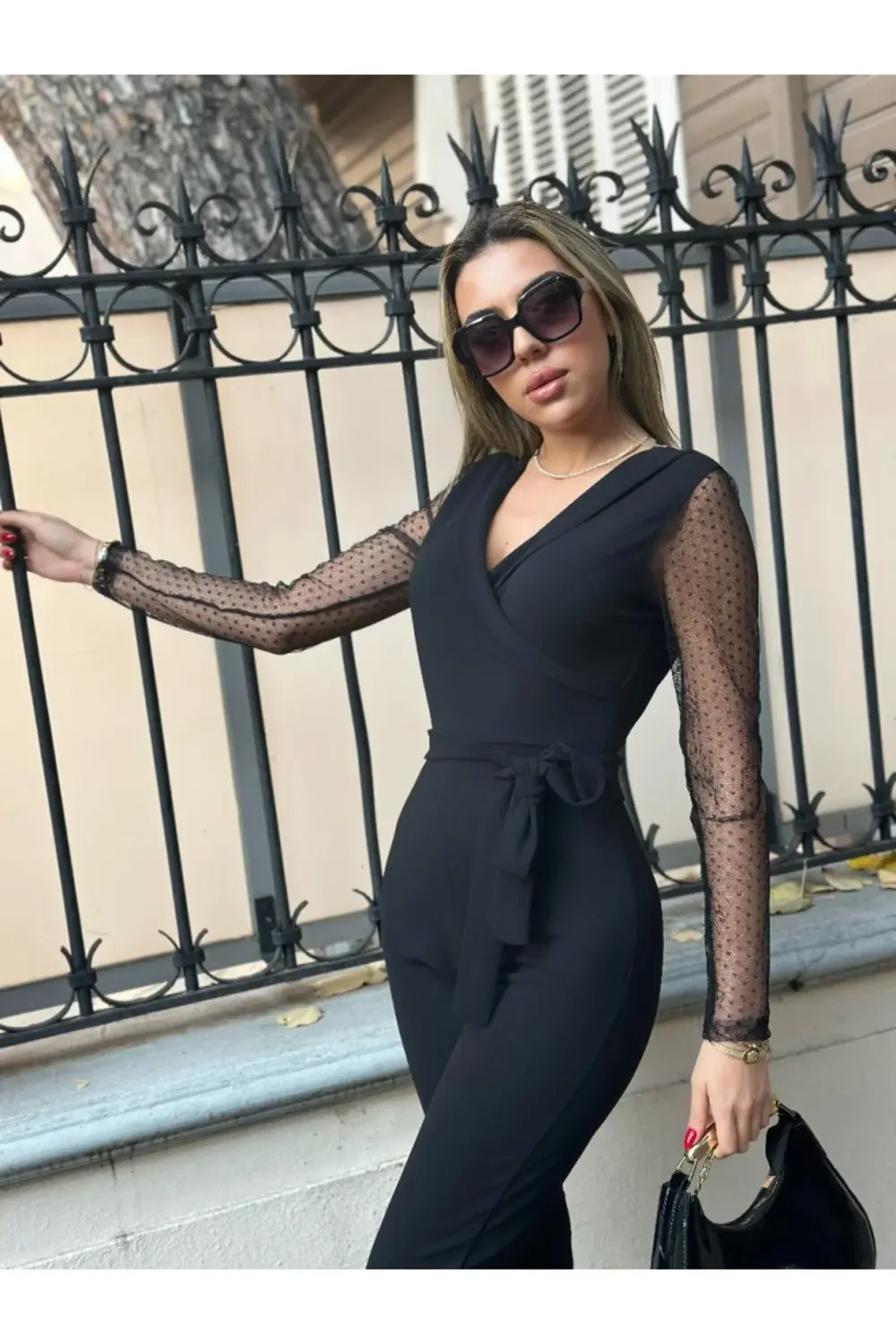 Kadın Uzun Kollu Kruvaze Yakalı Kolları Tül Detay Beli Kuşaklı It